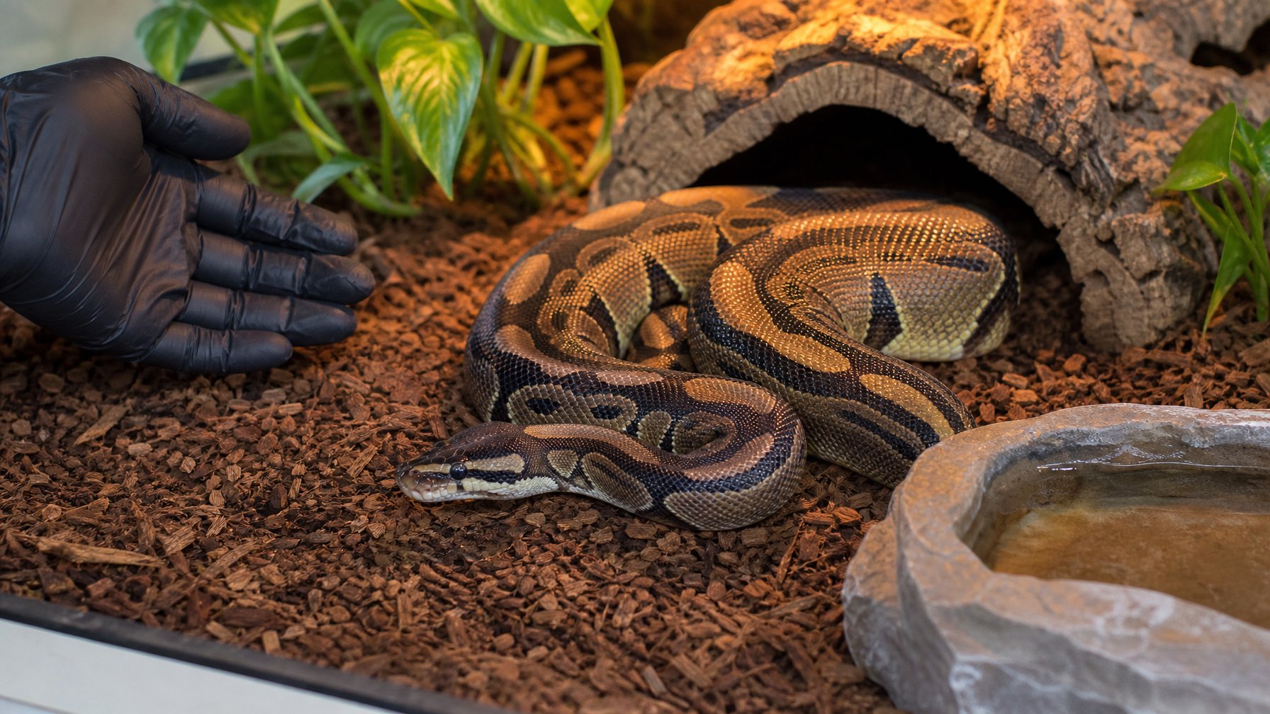 Seekor ball python sehat sedang diam di dalam terarium bersih dengan seorang perawat reptil mengamatinya.
