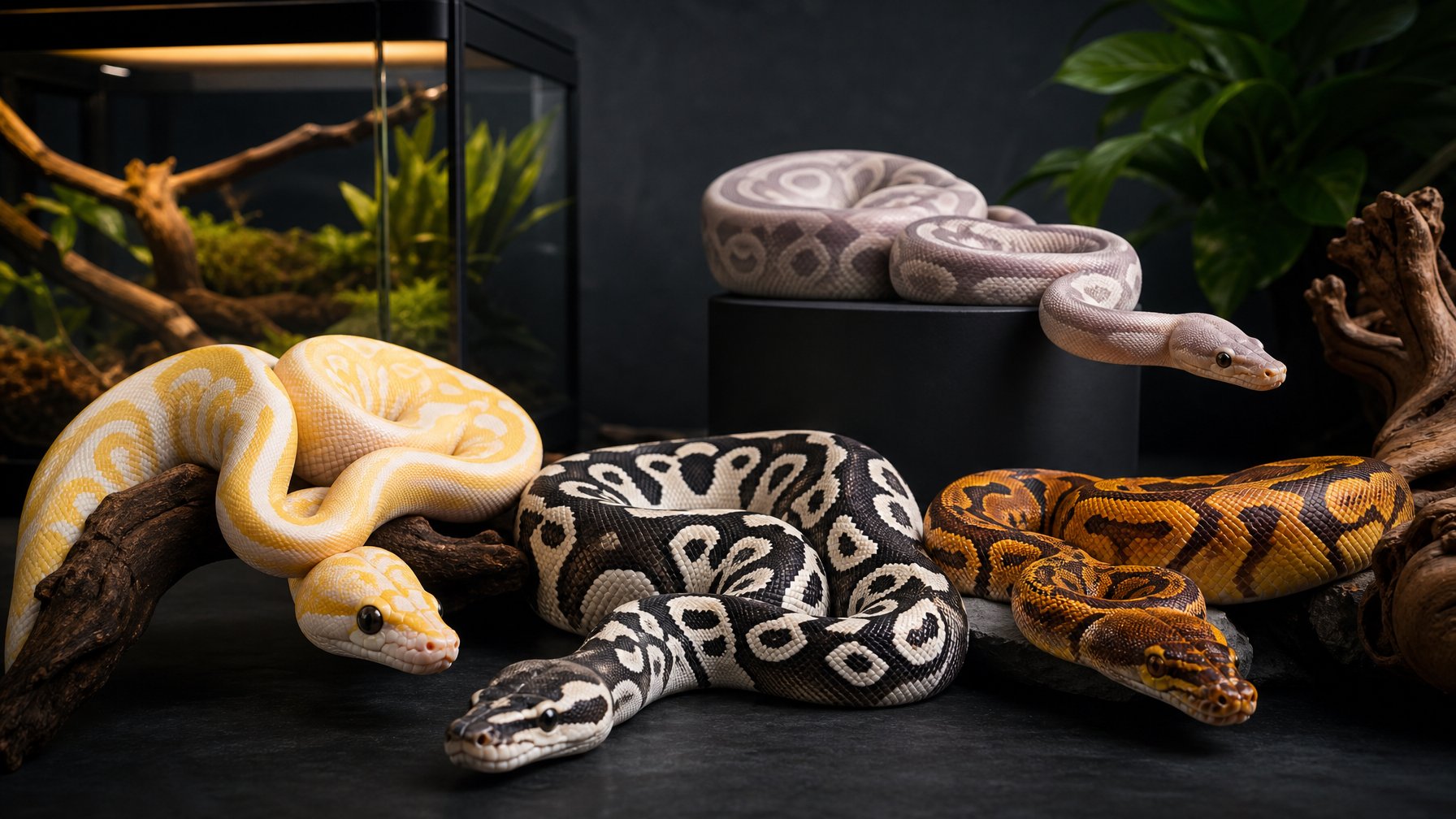 Beberapa ball python dengan pola dan warna berbeda berada di studio reptil yang elegan.