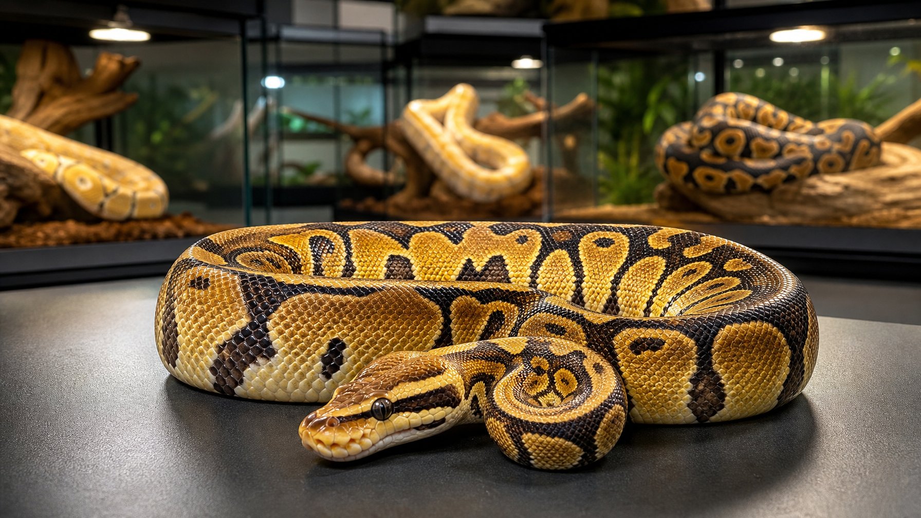 Seekor ball python bermotif premium berada di dalam lingkungan pajangan profesional, dengan beberapa ball python lain tampak samar di latar belakang.