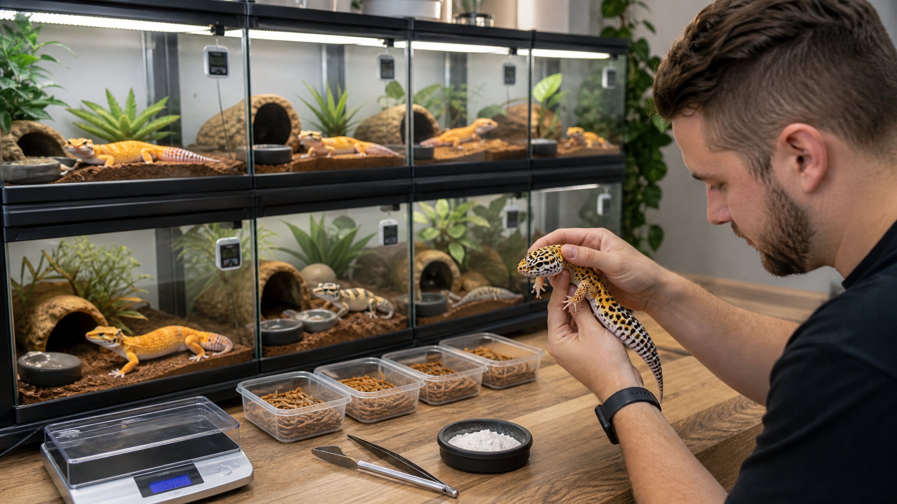 Peternak memeriksa tokek leopard di fasilitas pembiakan dengan terrarium yang tertata rapi.