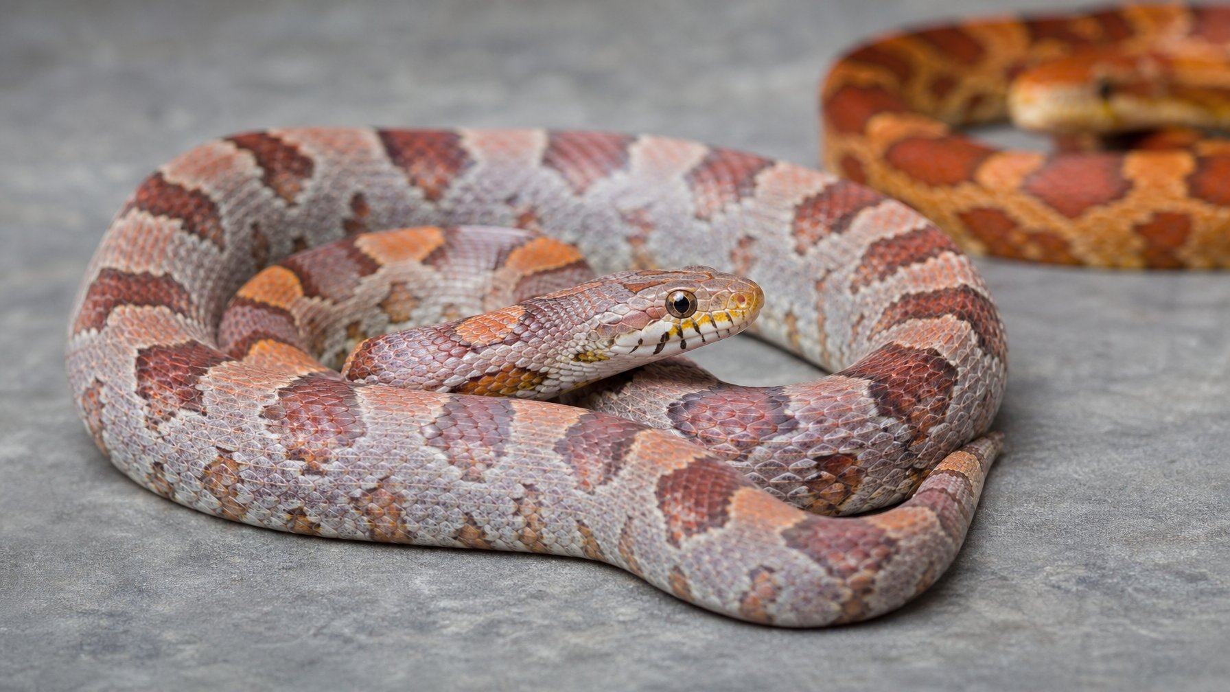 Seekor ular corn snake dengan pola warna unik berada di fasilitas penelitian, dengan ular berpola umum tampak samar di latar belakang.