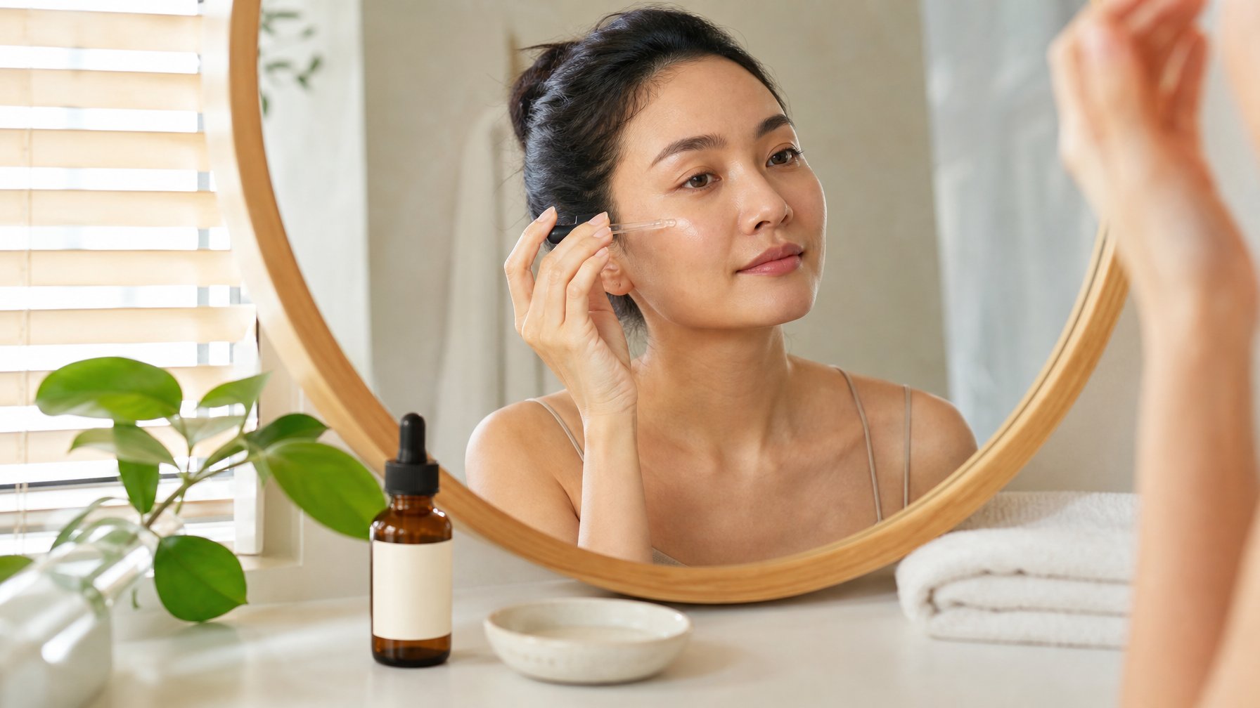 Perempuan berusia 30-an mengaplikasikan serum wajah di depan cermin dengan botol serum di atas meja rias.