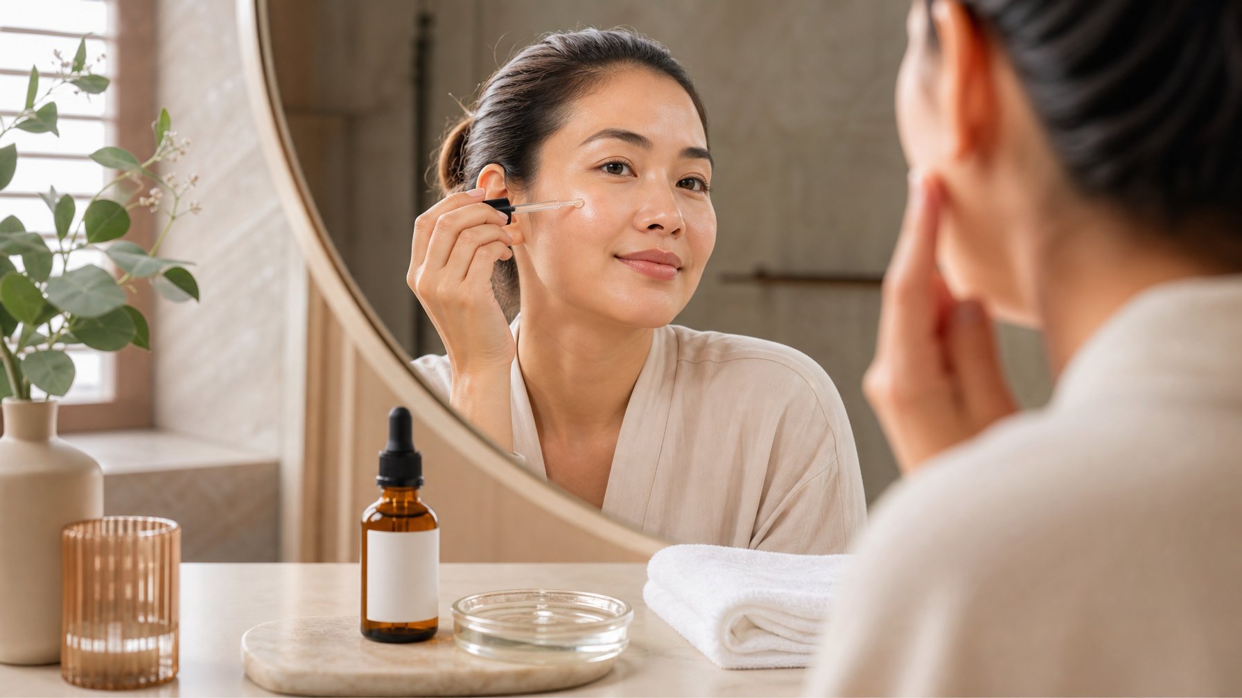 Perempuan berusia 30-an mengoleskan serum ke wajah di depan cermin, dengan botol serum di atas meja rias.