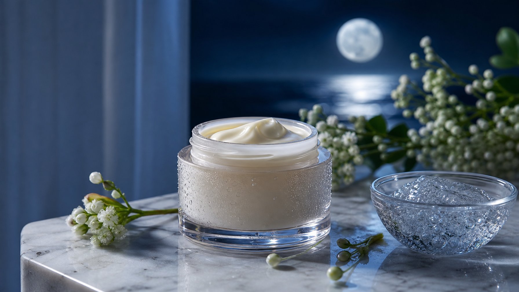 Sebuah stoples krim malam anti penuaan terbuka di atas meja marmer dengan suasana malam yang elegan.