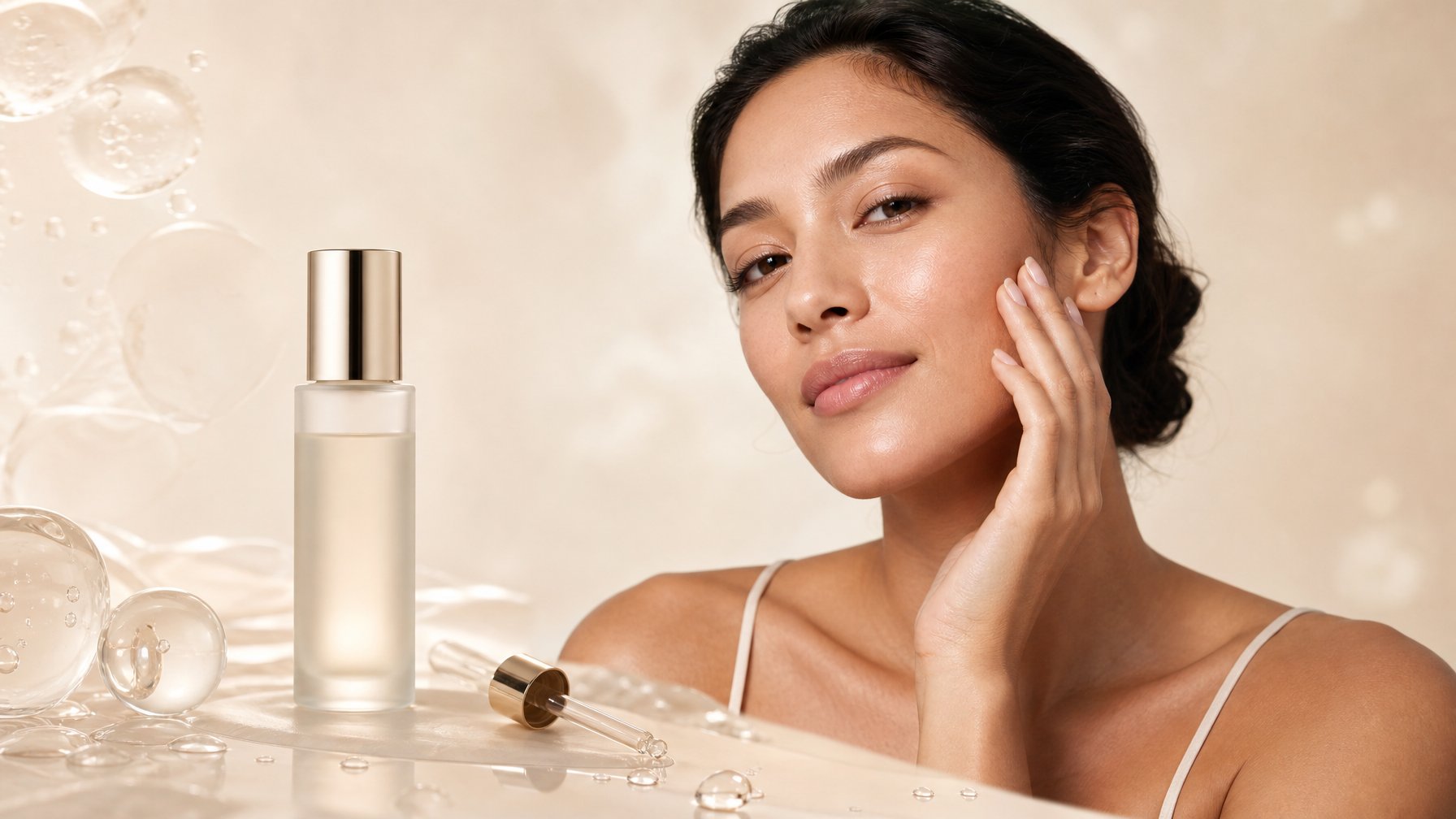 Seorang wanita dengan kulit wajah sehat menyentuh pipinya di samping botol essence dan pipet kaca.