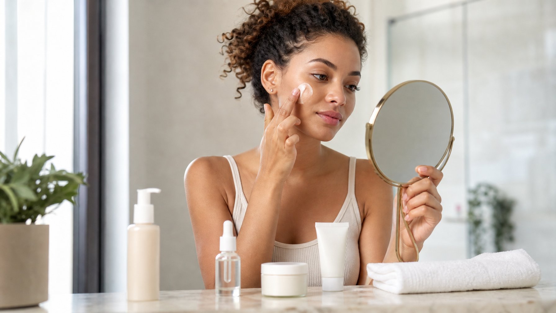 Seorang dewasa muda merawat wajah dengan produk skincare di meja kamar mandi yang rapi.