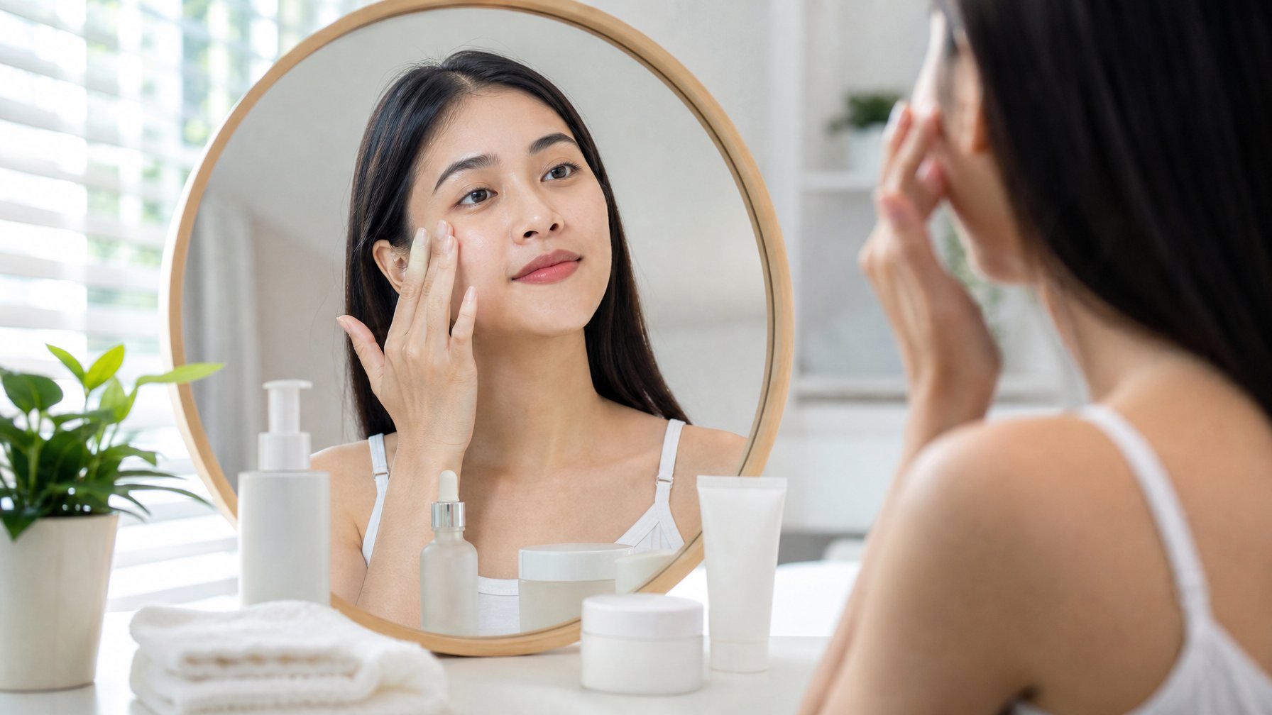 Perempuan muda merawat dan mengamati kulit wajahnya di depan cermin dengan beberapa produk skincare tanpa merek.