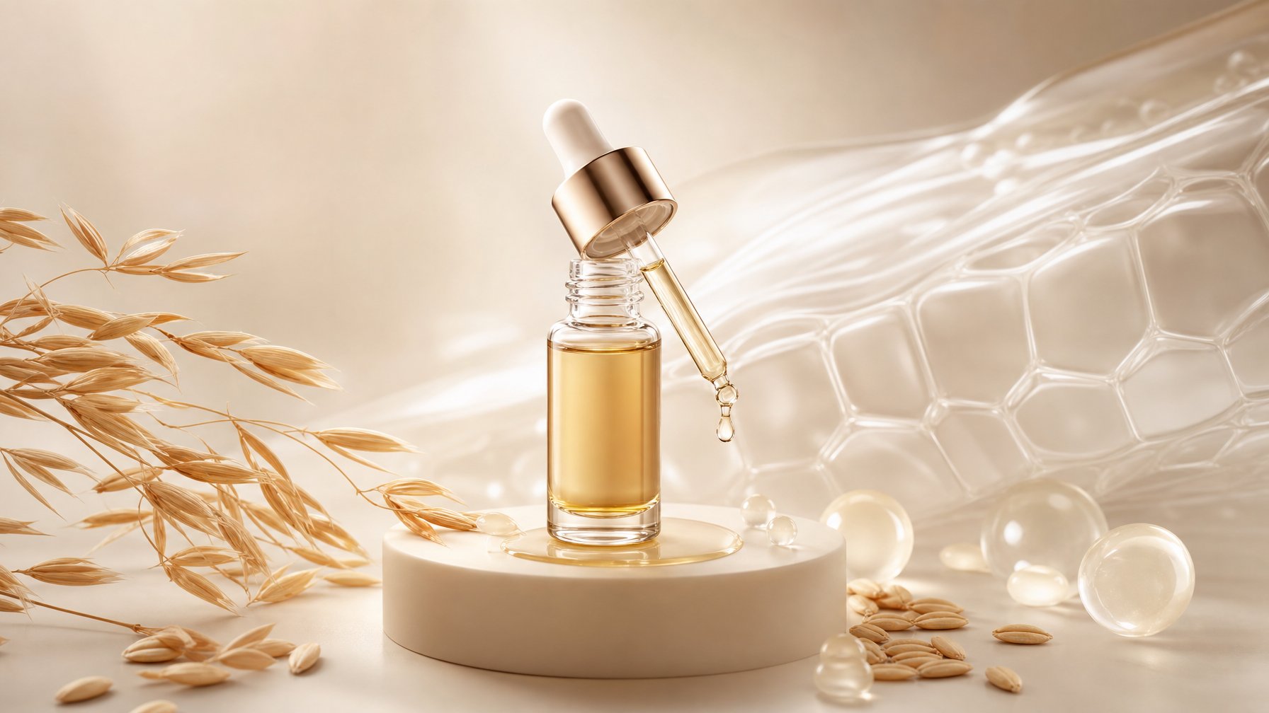 Ampul kaca berisi serum keemasan diletakkan di atas podium krem dengan oat dan tetesan serum di sekitarnya.