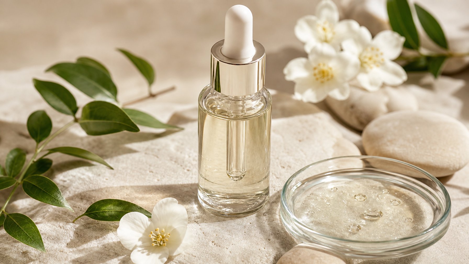 Botol ampul serum anti-penuaan dikelilingi daun hijau dan bunga putih di atas permukaan batu berwarna krem.