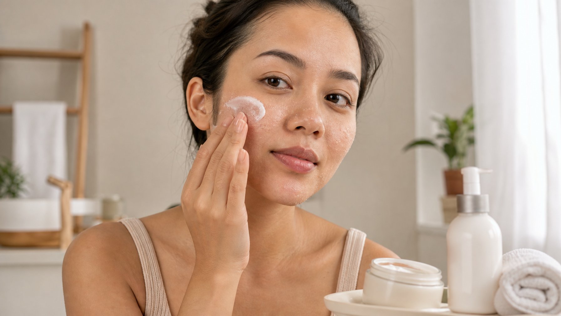 Perempuan mengoleskan pelembap ceramide pada wajah dengan kulit yang tampak kering dan sedikit mengelupas.