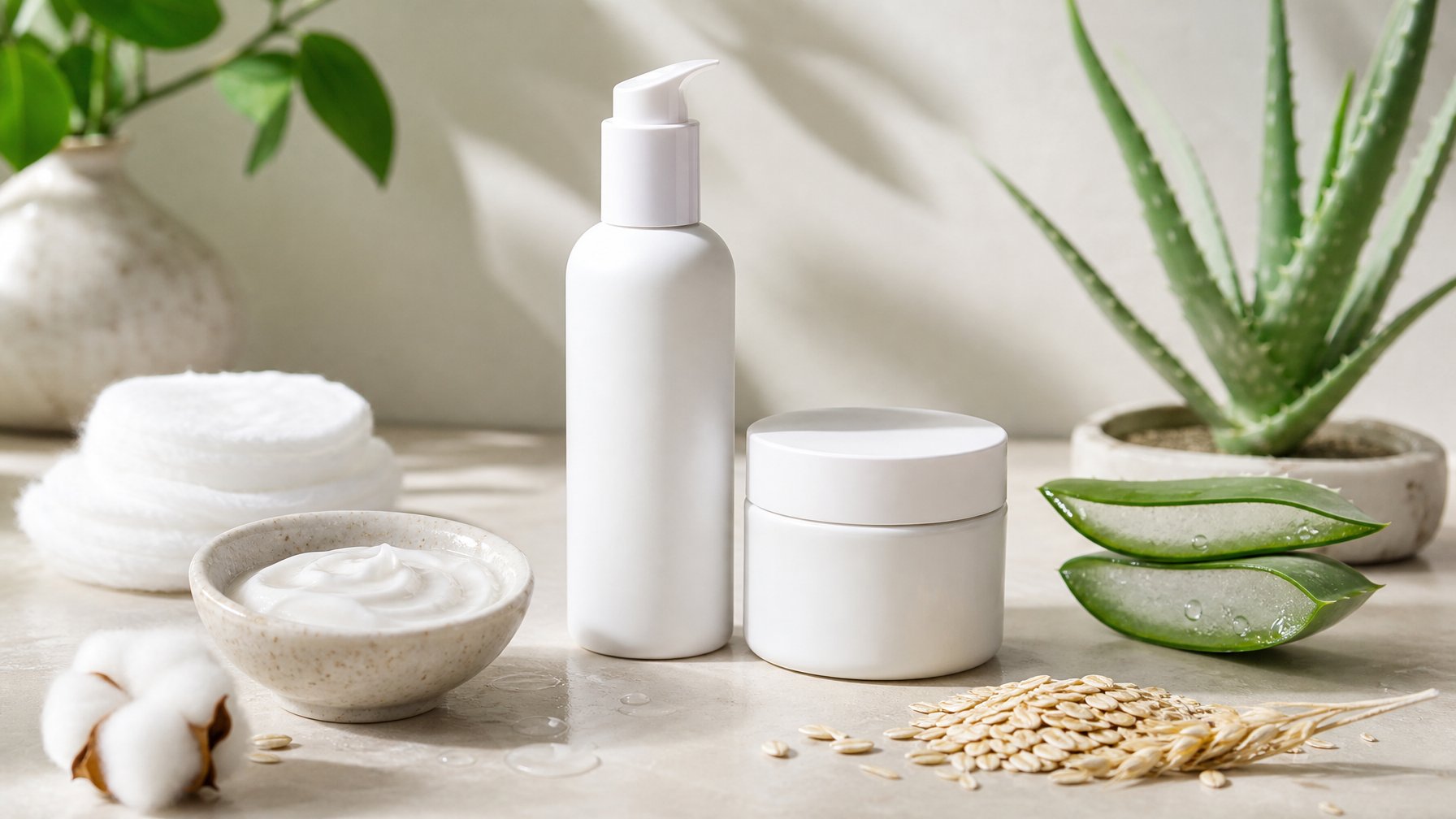Produk pelembap wajah tanpa merek tertata di atas meja kamar mandi dengan daun lidah buaya, oat, kapas, dan mangkuk krim.