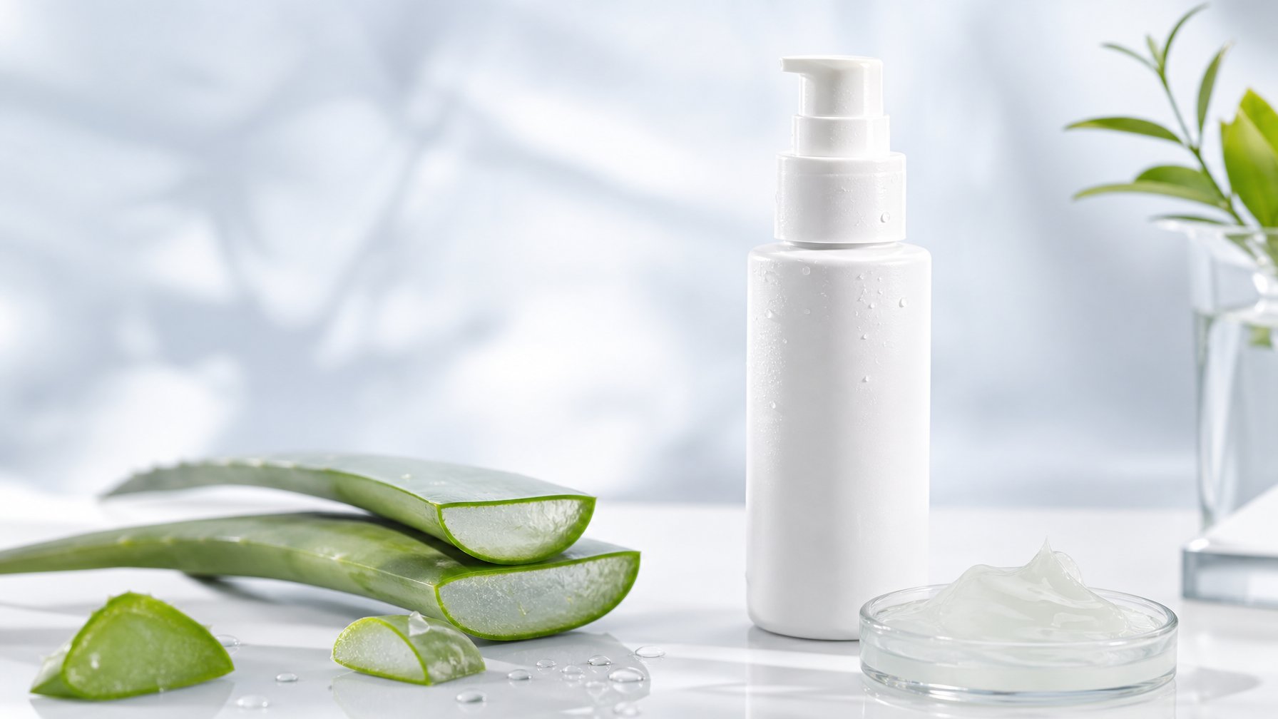 Botol pelembap tanpa label dengan tekstur gel, daun lidah buaya, dan tetesan air di atas latar putih.