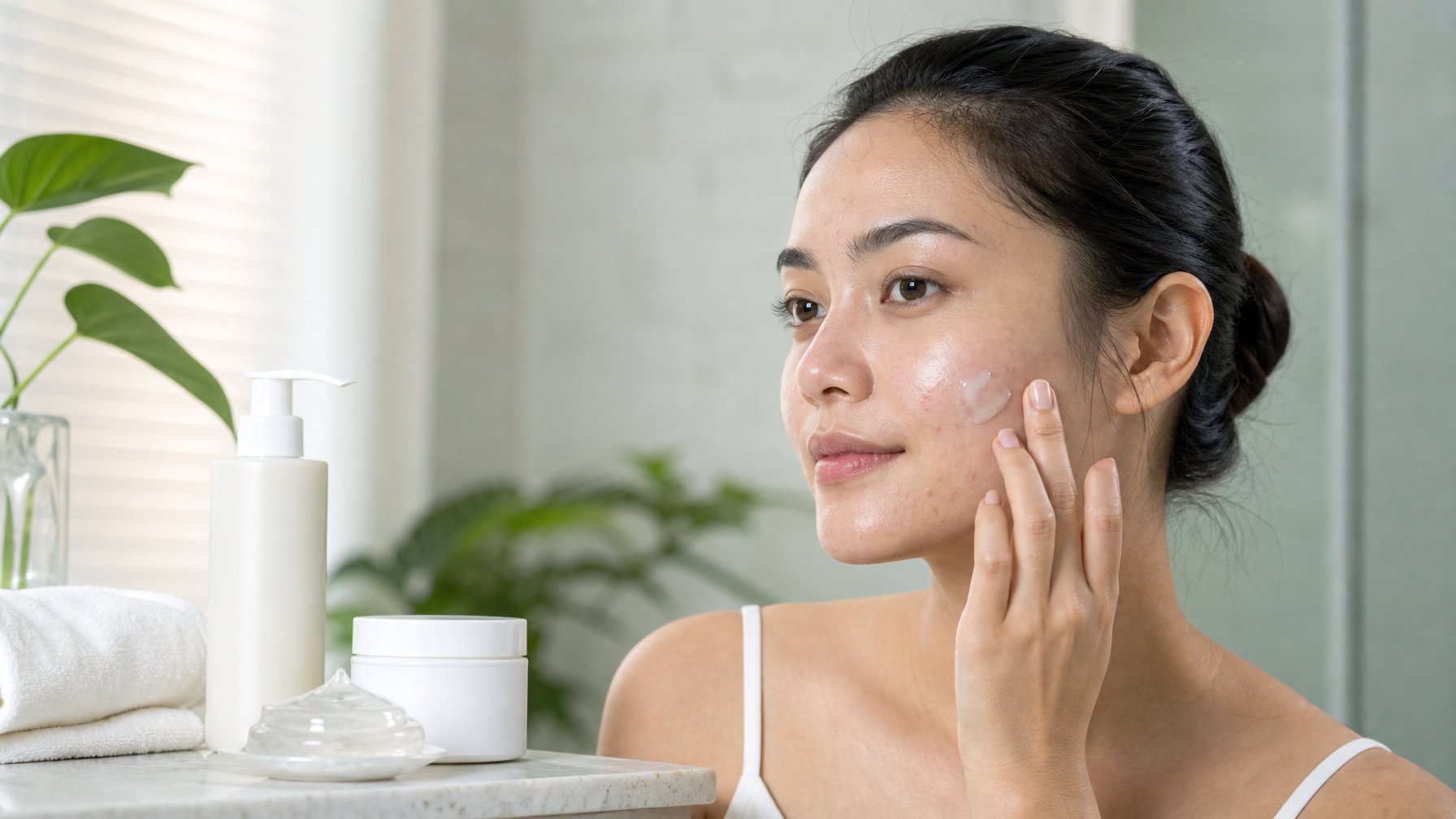 Perempuan muda mengoleskan pelembap ringan pada pipi di samping produk perawatan kulit tanpa merek.