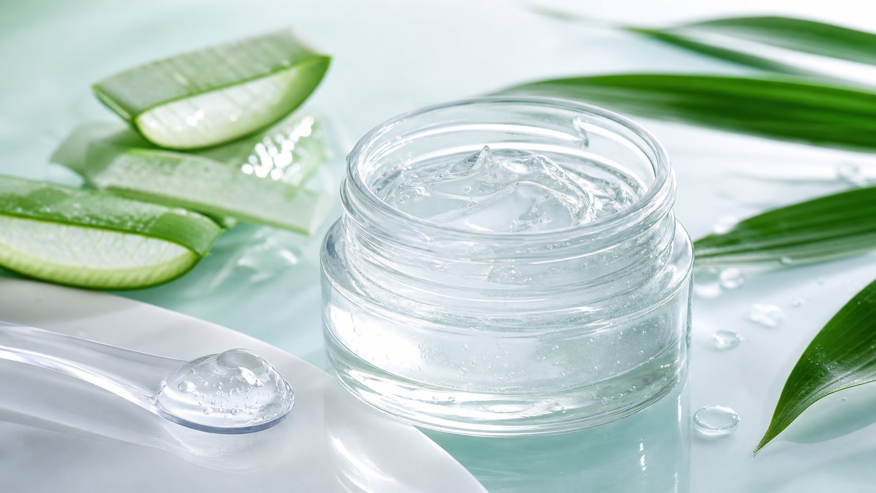 Wadah gel pelembap wajah bening dikelilingi daun hijau dan tetesan air di atas permukaan putih.
