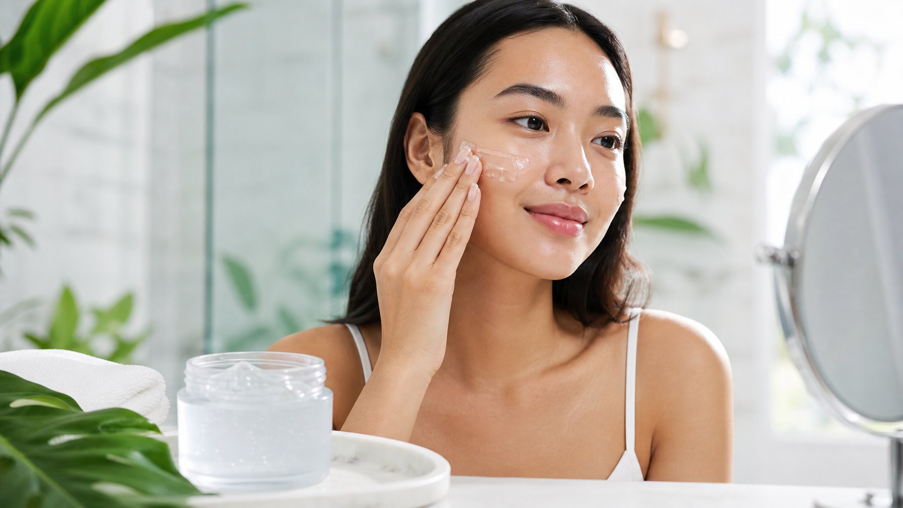 Perempuan mengoleskan pelembap gel bening pada wajah di depan meja rias dengan produk perawatan kulit di sekitarnya.