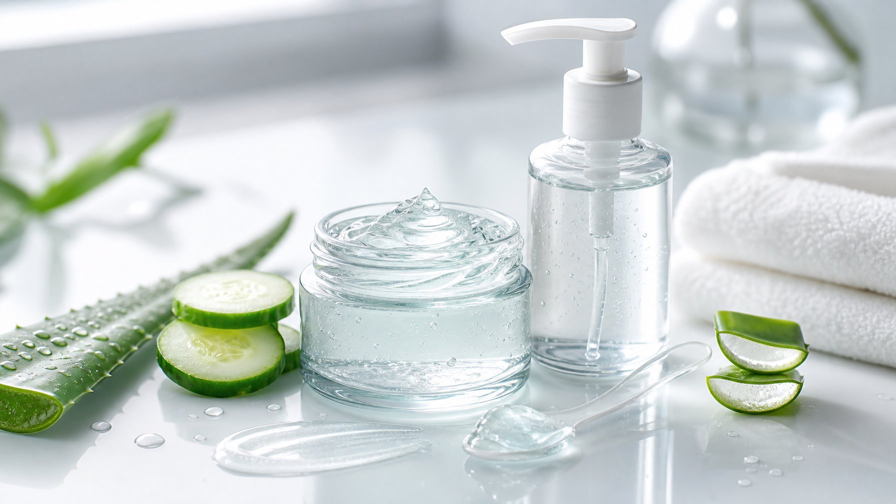 Produk pelembap gel bening dengan daun lidah buaya dan irisan mentimun di atas permukaan putih.
