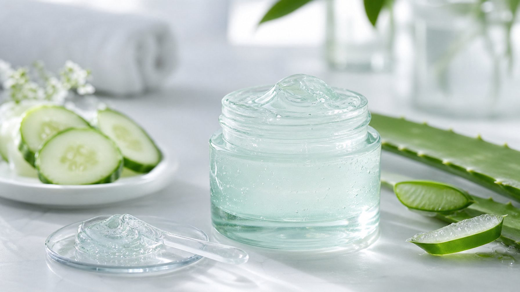 Wadah pelembap gel ringan dengan lidah buaya dan irisan mentimun di atas permukaan putih.