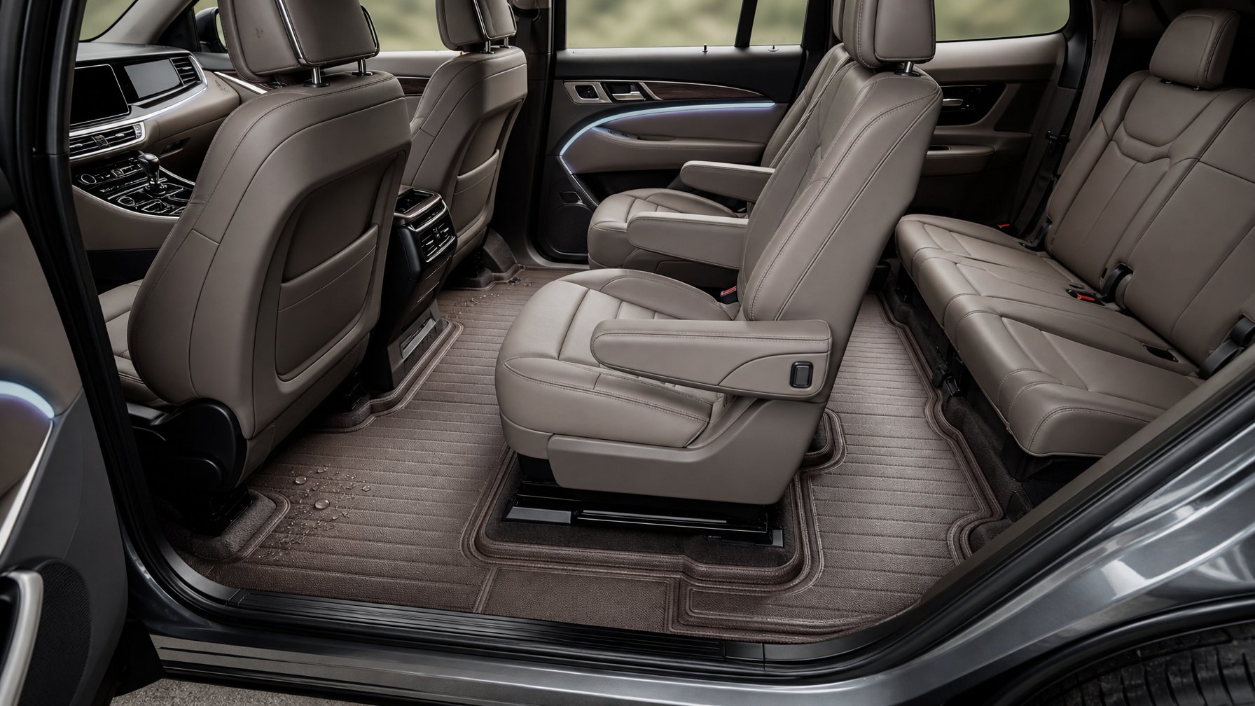 Interior mobil tujuh penumpang dengan karpet premium yang bersih dan rapi.