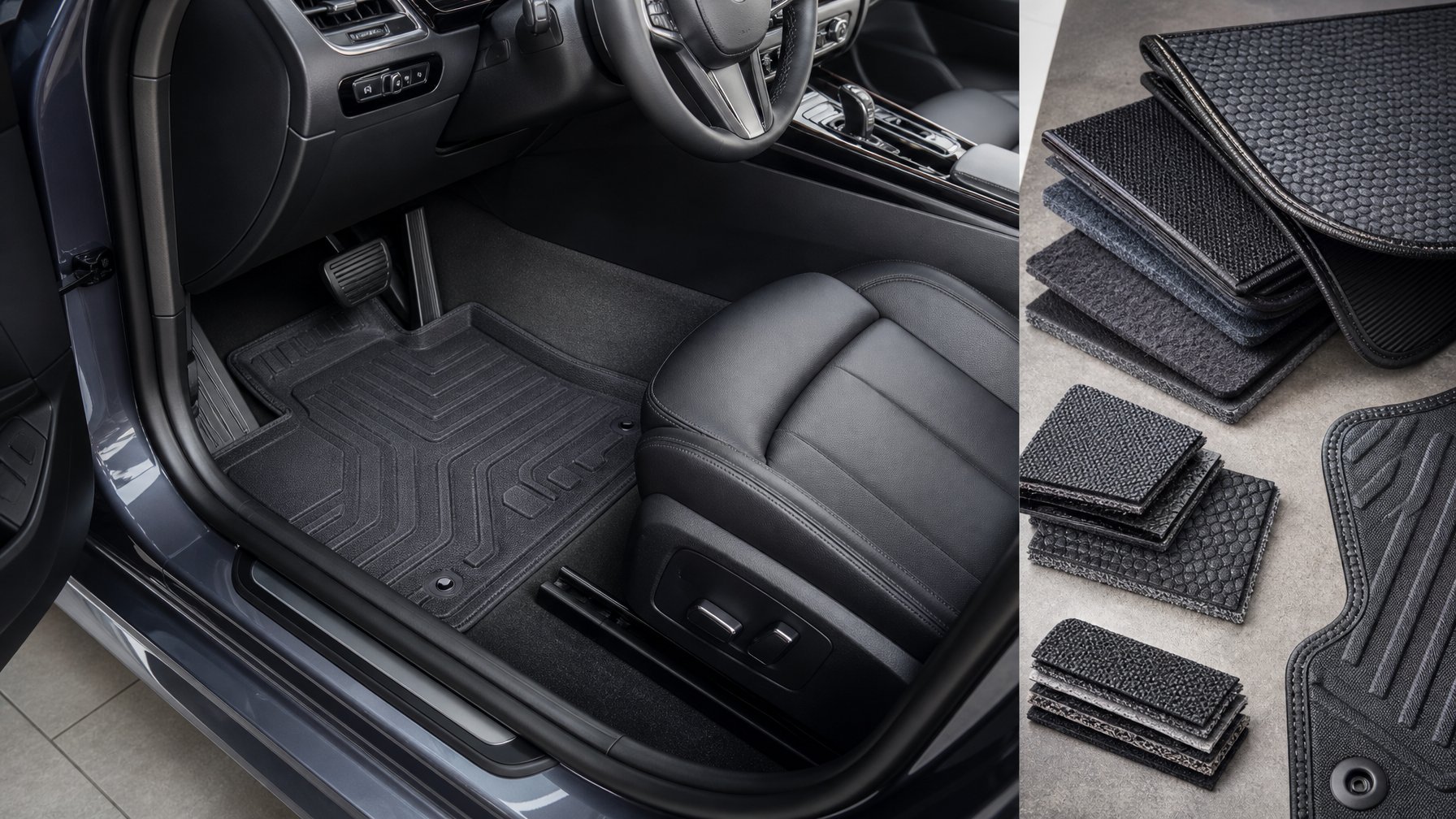 Karpet dasar mobil berkualitas terpasang rapi di interior mobil, dengan contoh bahan dan konstruksi di sampingnya.
