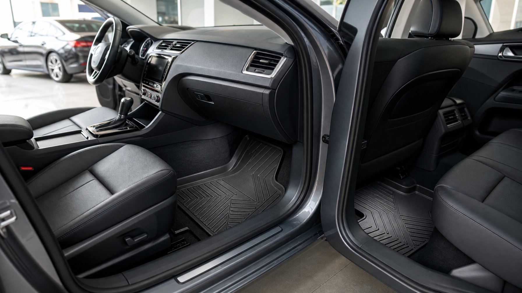 Karpet anti selip terpasang rapi di lantai interior sebuah mobil sedan.