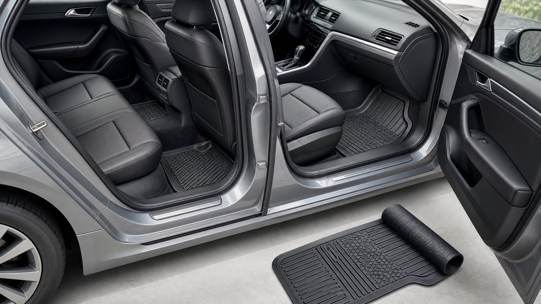 Interior sedan modern dengan karpet mobil anti selip terpasang rapi di area kaki.