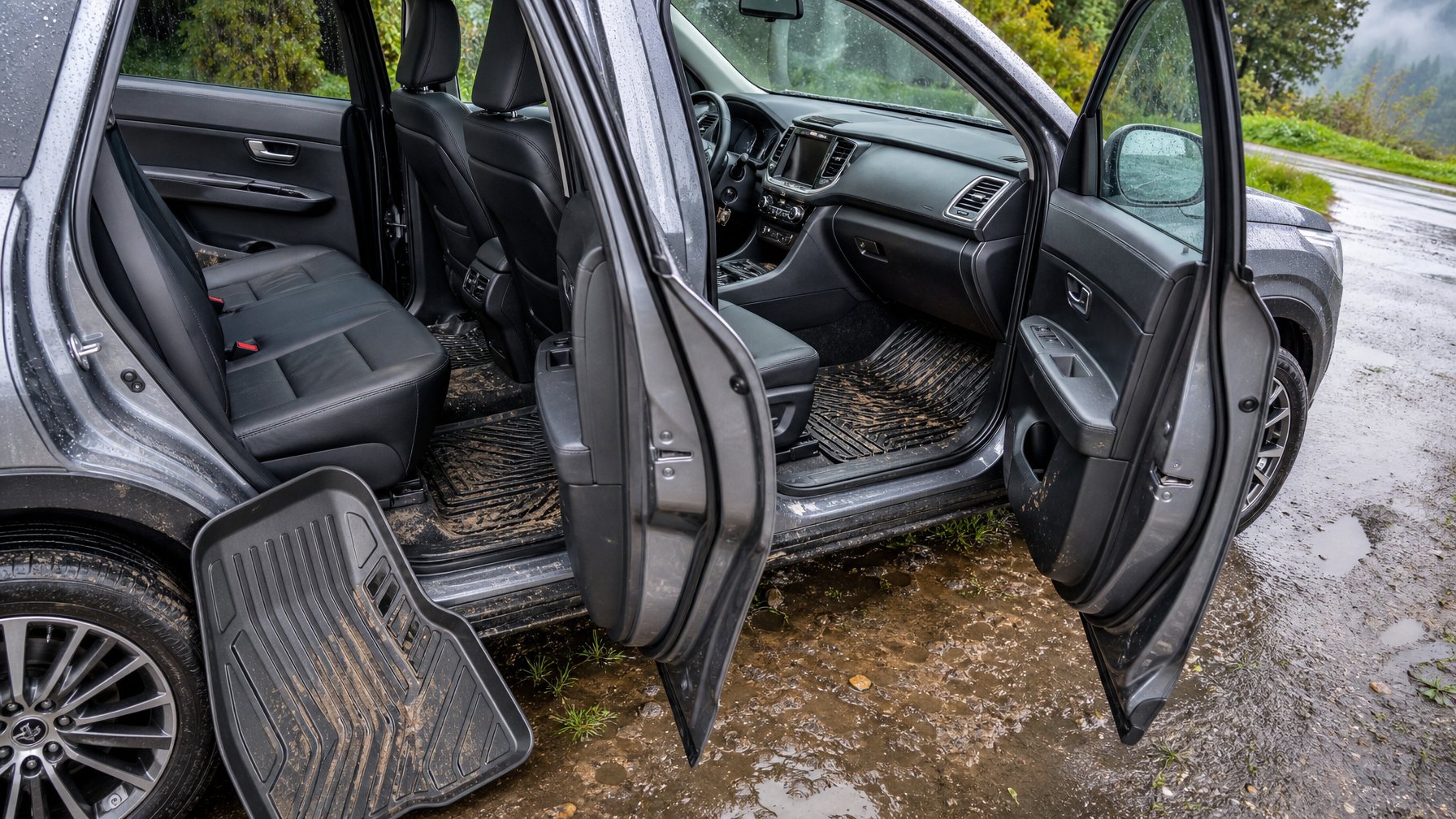 Interior SUV dengan karpet lantai tahan air yang menampung lumpur dan genangan setelah hujan.