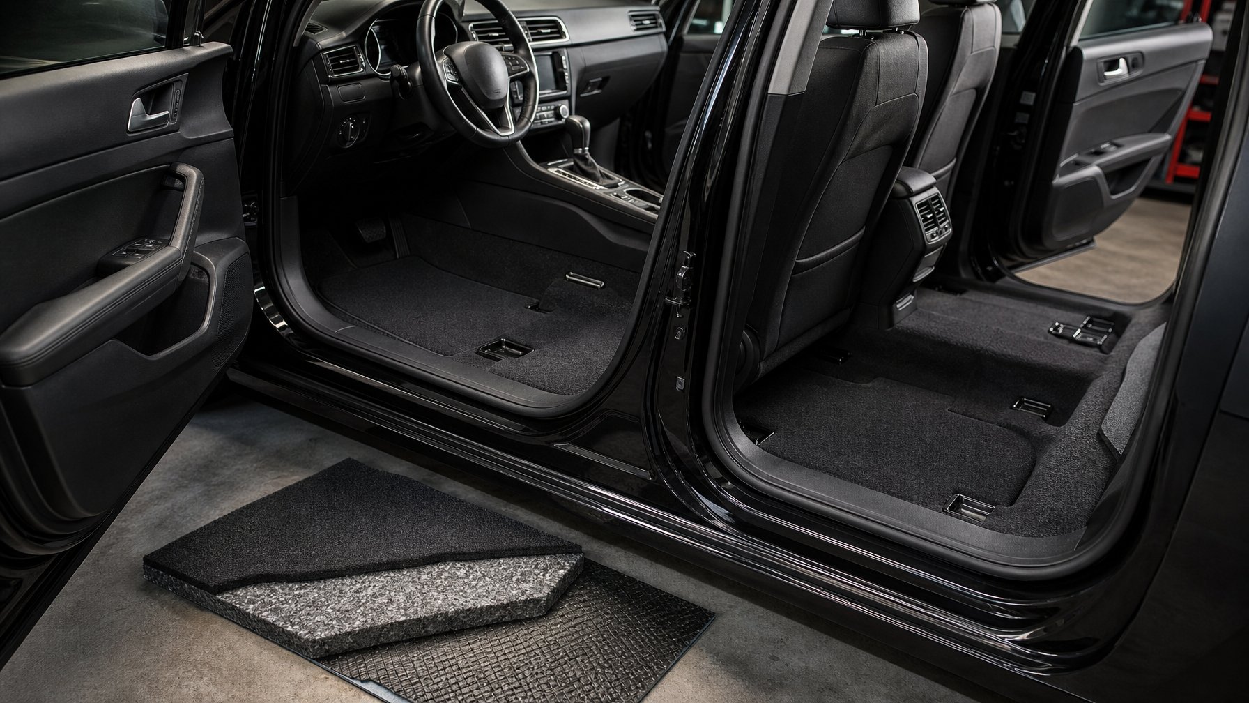 Interior mobil dengan karpet dasar kedap suara dan lapisan peredam yang terlihat.