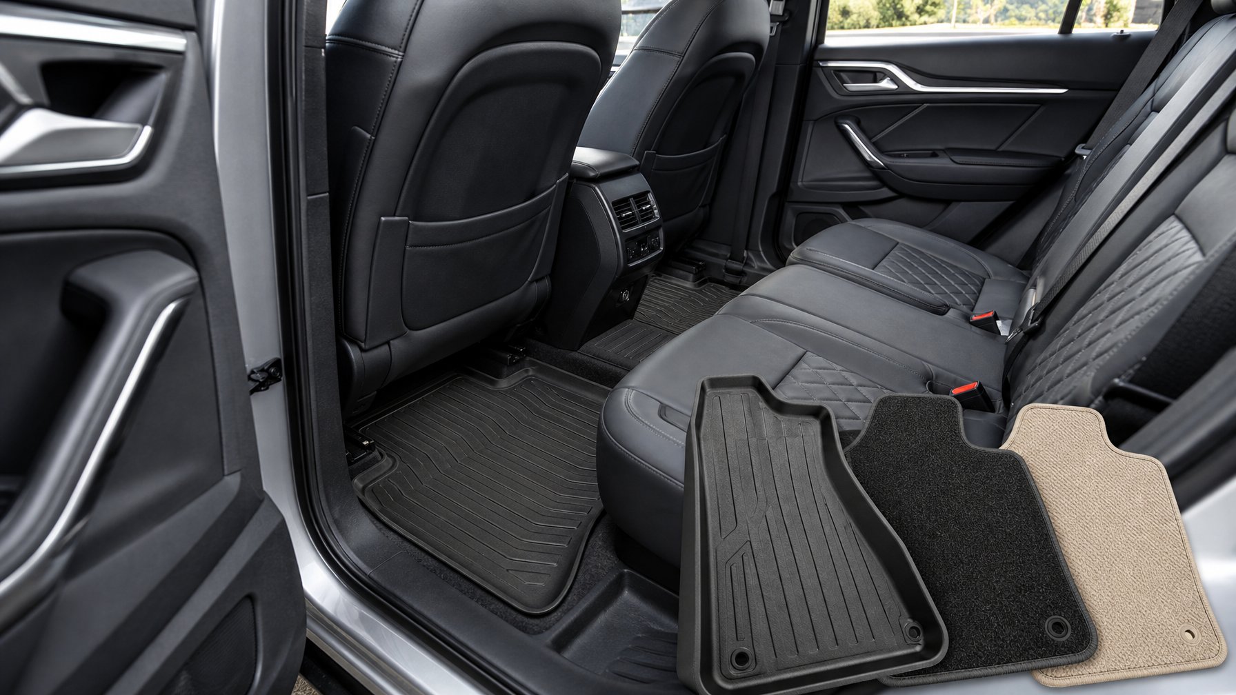 Interior SUV keluarga dengan karpet mobil elegan yang terpasang rapi dan beberapa pilihan karpet di bagian depan.