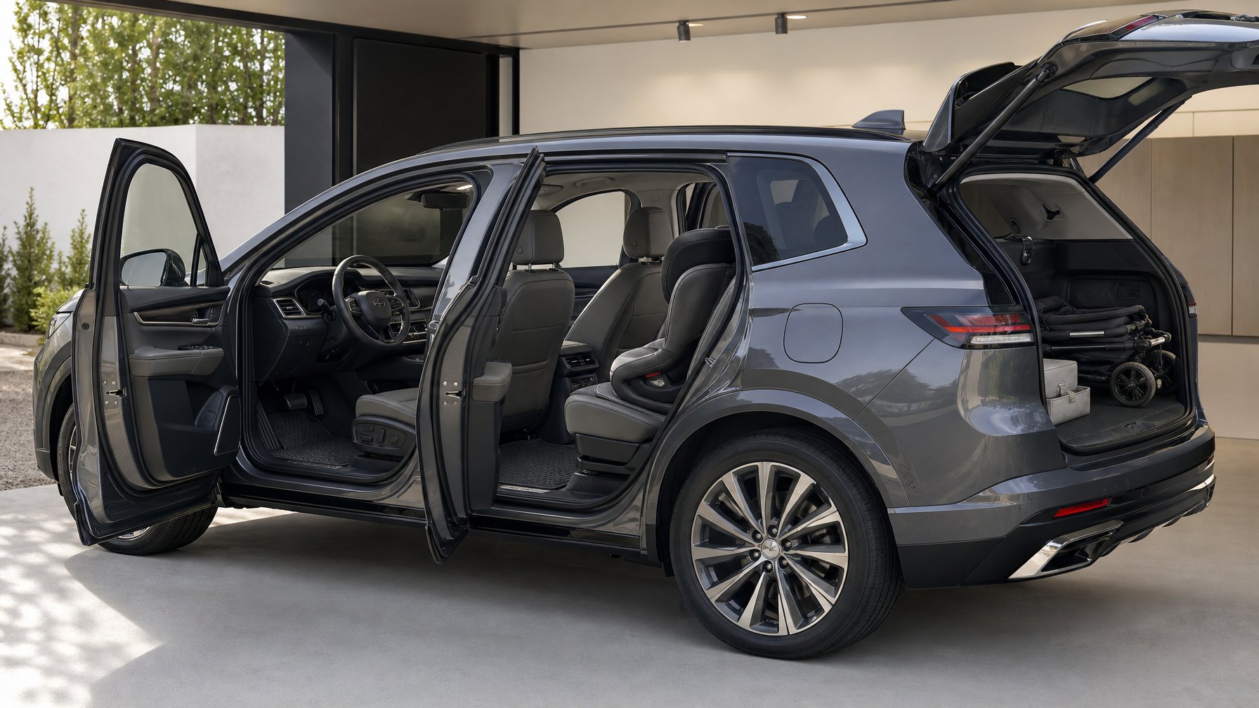 SUV keluarga modern dengan karpet interior yang rapi dan elegan terlihat di dalam kabin.