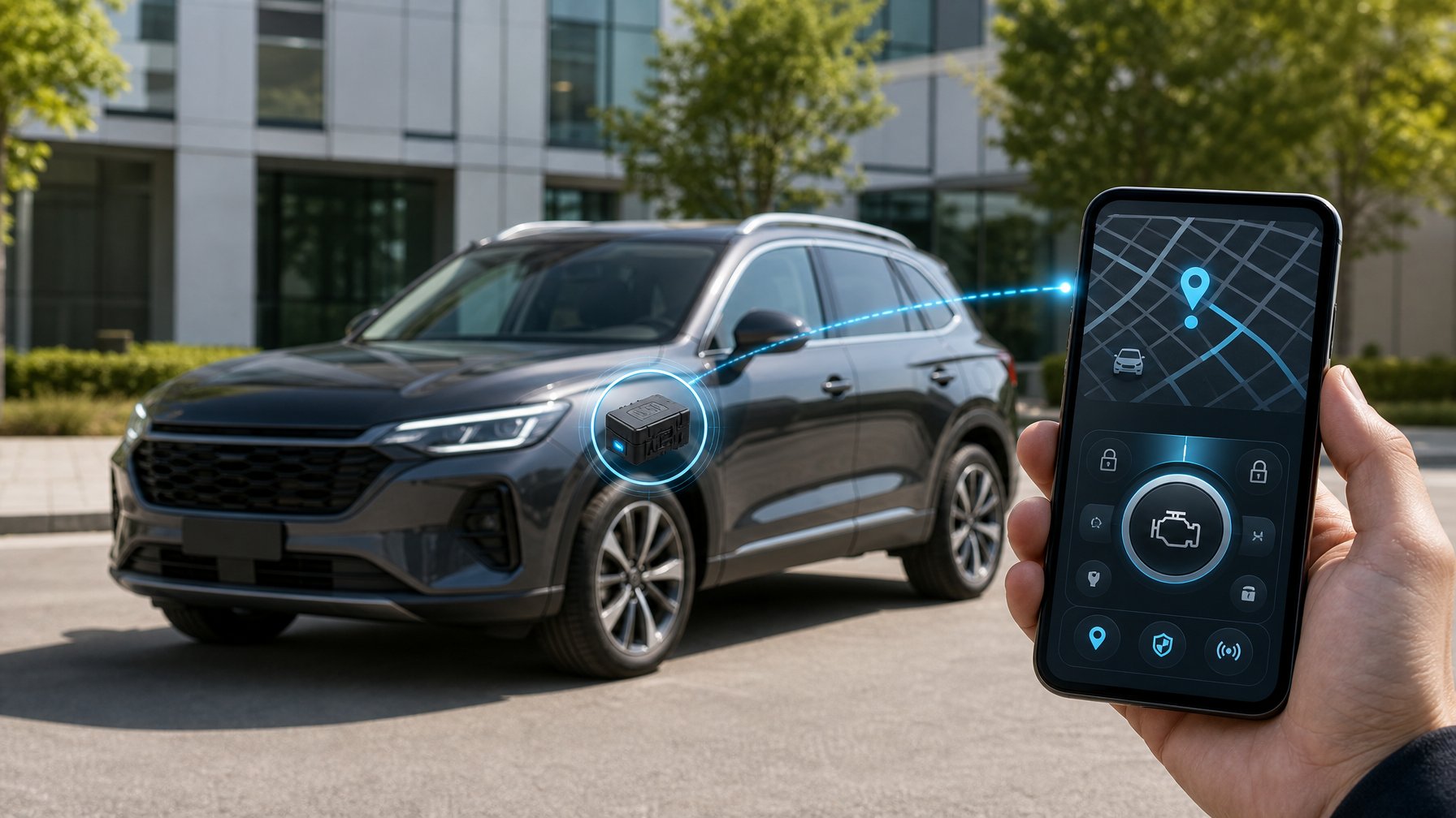 Mobil SUV modern dipantau melalui aplikasi GPS di ponsel dengan fitur kendali mesin jarak jauh.