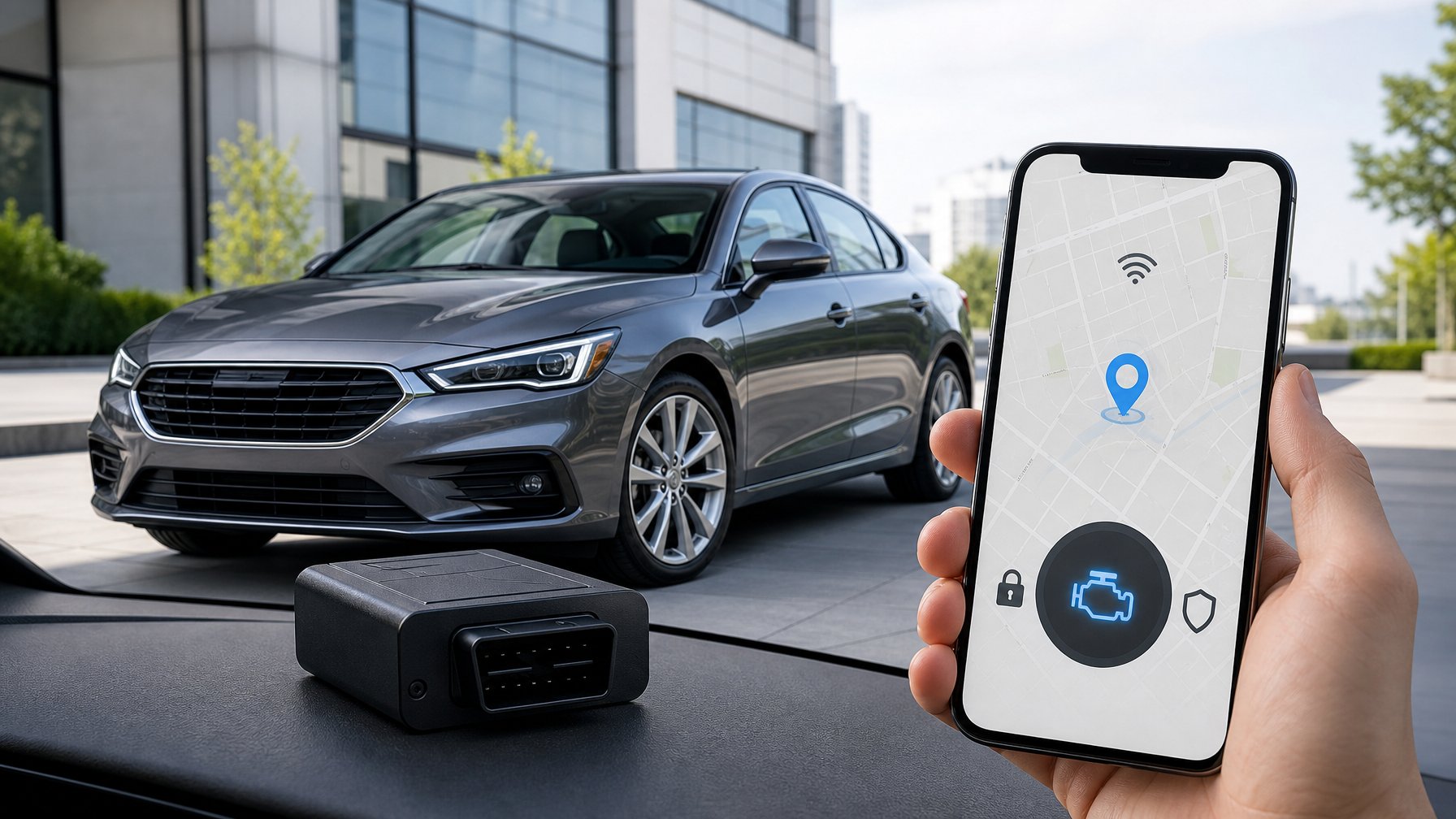 Mobil modern dengan perangkat pelacak GPS dan ponsel yang menampilkan kendali kendaraan jarak jauh.