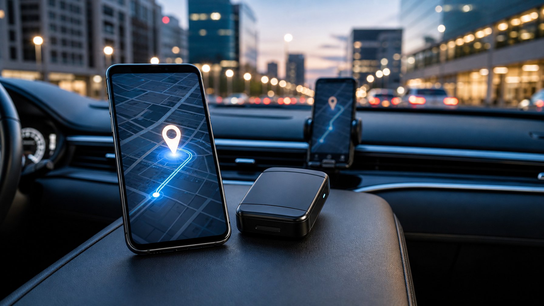 Ponsel dan perangkat pelacak GPS berada di konsol mobil dengan latar jalan kota yang modern.