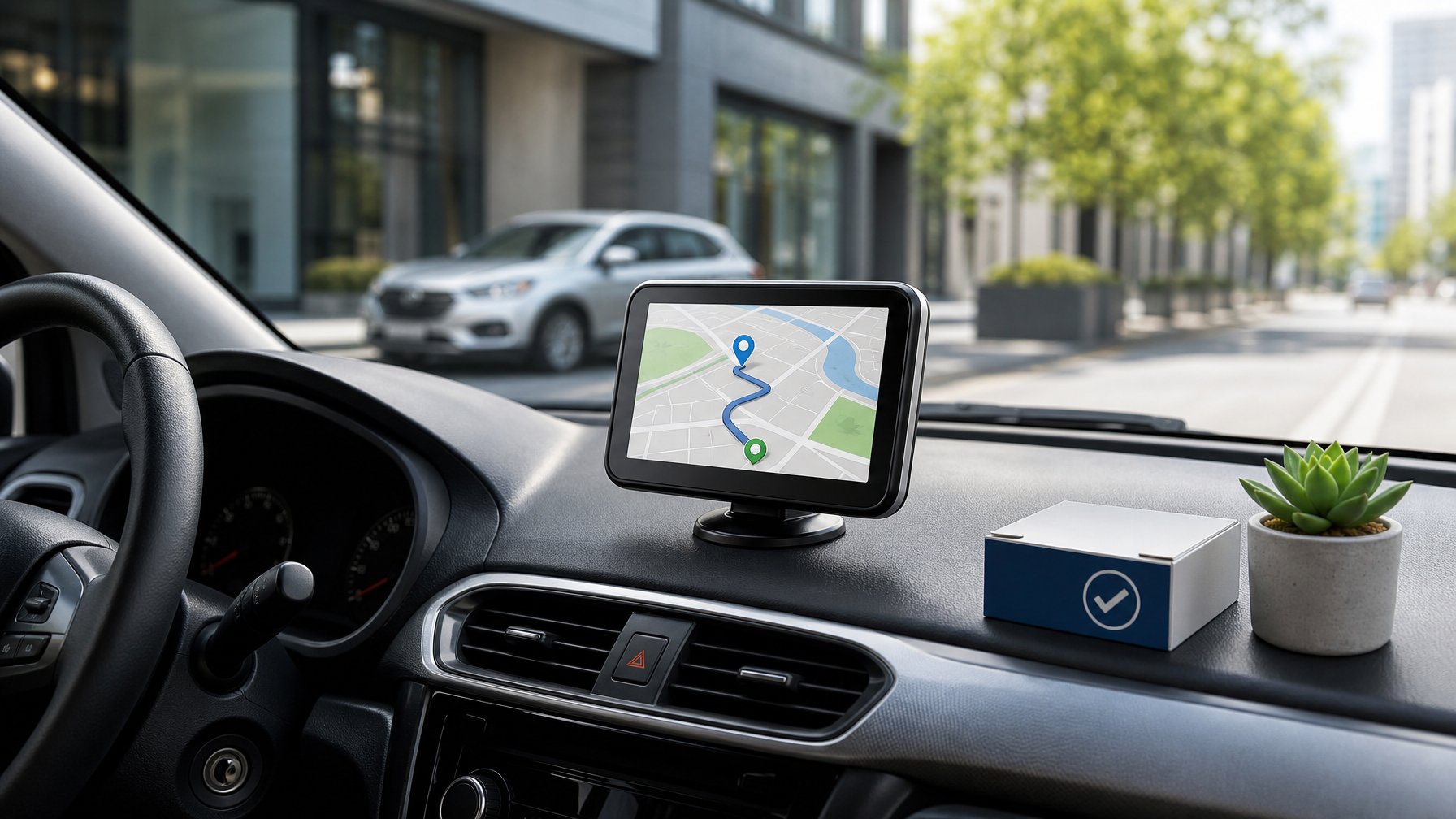 Perangkat GPS terpasang di dasbor mobil modern dengan peta rute sederhana pada layarnya.