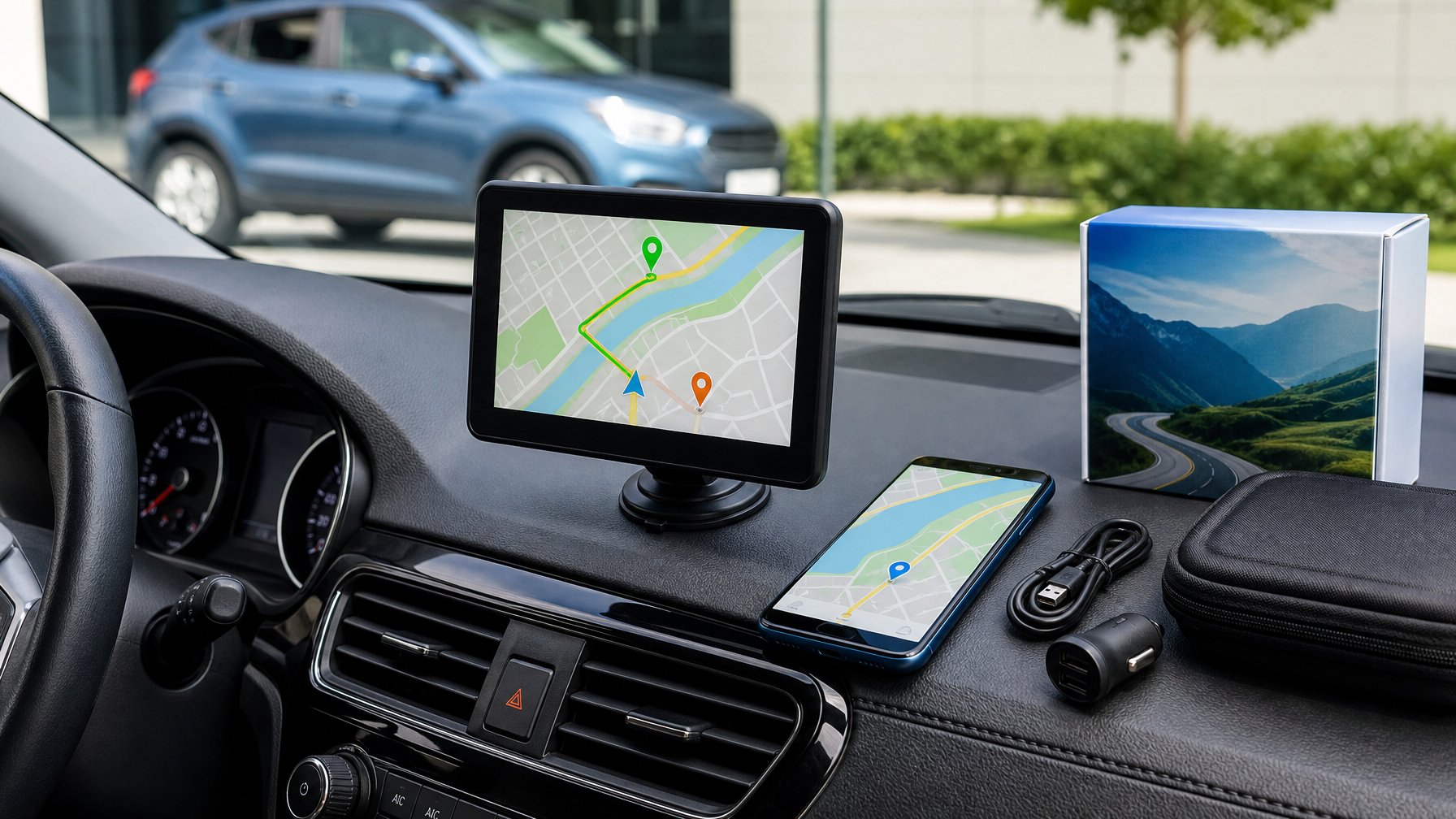 Perangkat GPS mandiri terpasang di dasbor mobil dengan ponsel yang menampilkan peta sederhana.