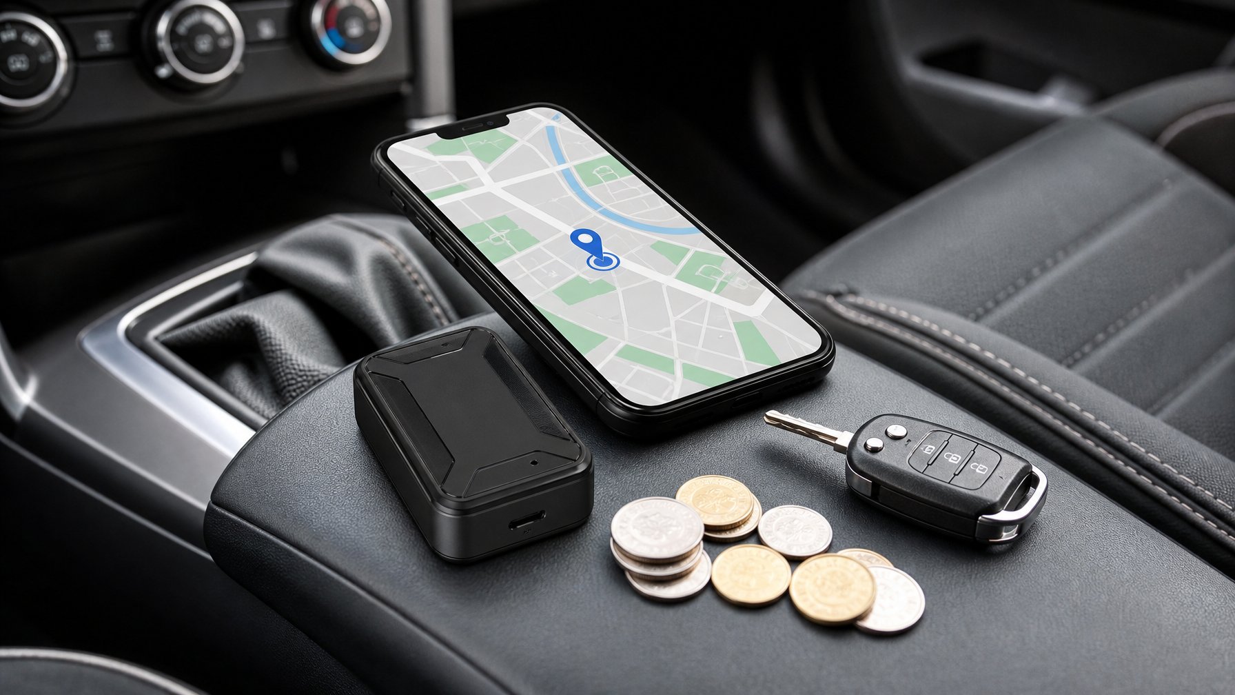 Perangkat pelacak GPS mobil dan ponsel dengan peta navigasi di konsol mobil.