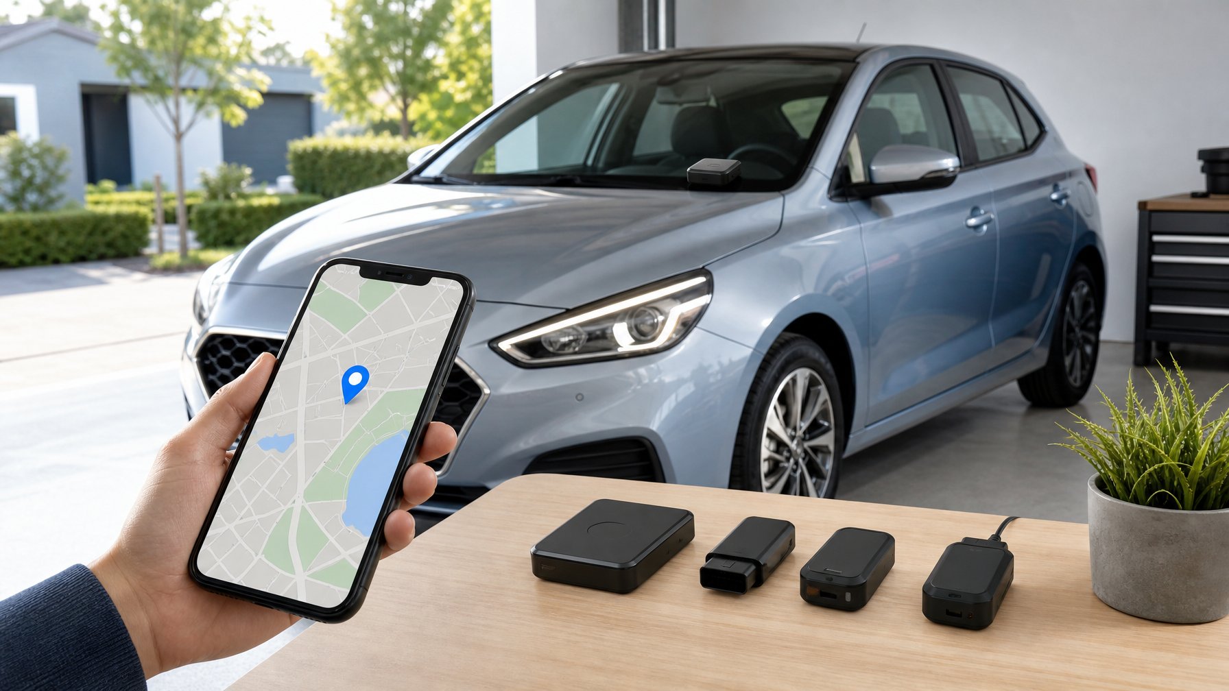 Mobil dengan perangkat pelacak GPS kecil dan ponsel yang menampilkan peta lokasi.
