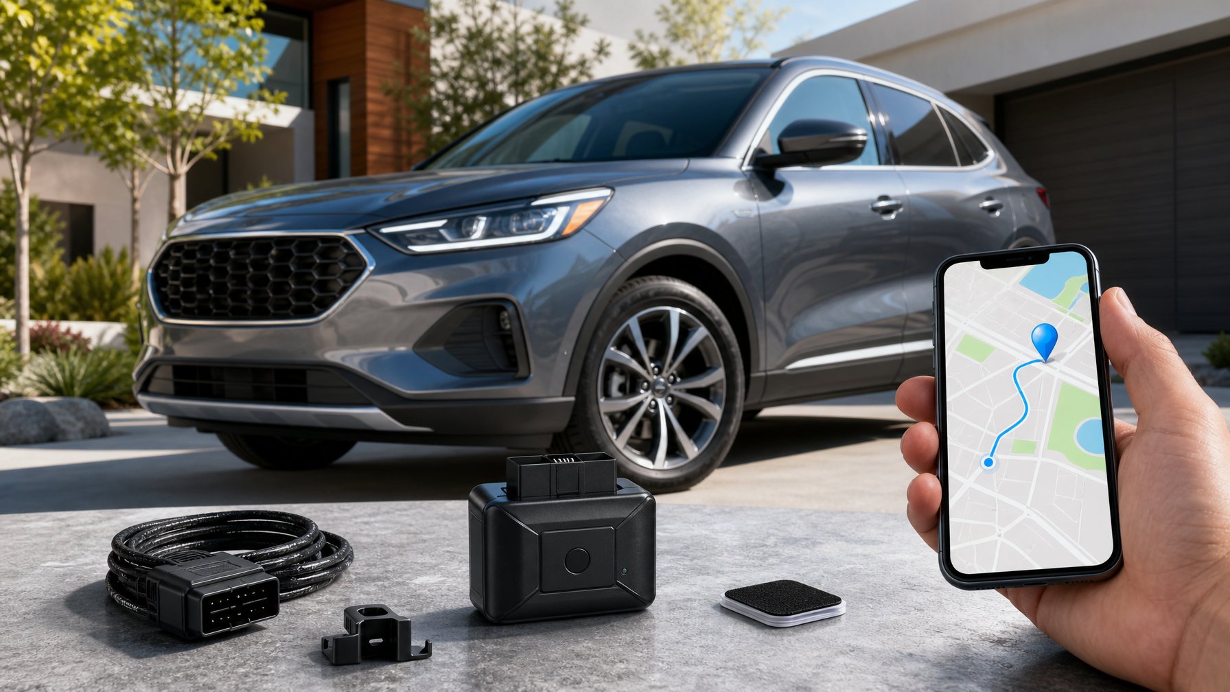 Perangkat GPS dan ponsel dengan peta ditampilkan di dekat mobil SUV modern.