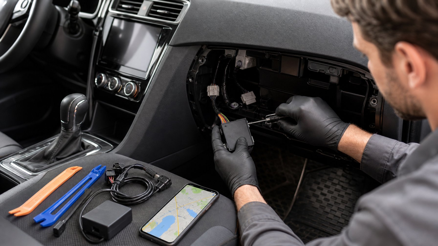 Seseorang memasang perangkat GPS kecil di bawah dasbor mobil menggunakan alat dan kabel yang tertata rapi.