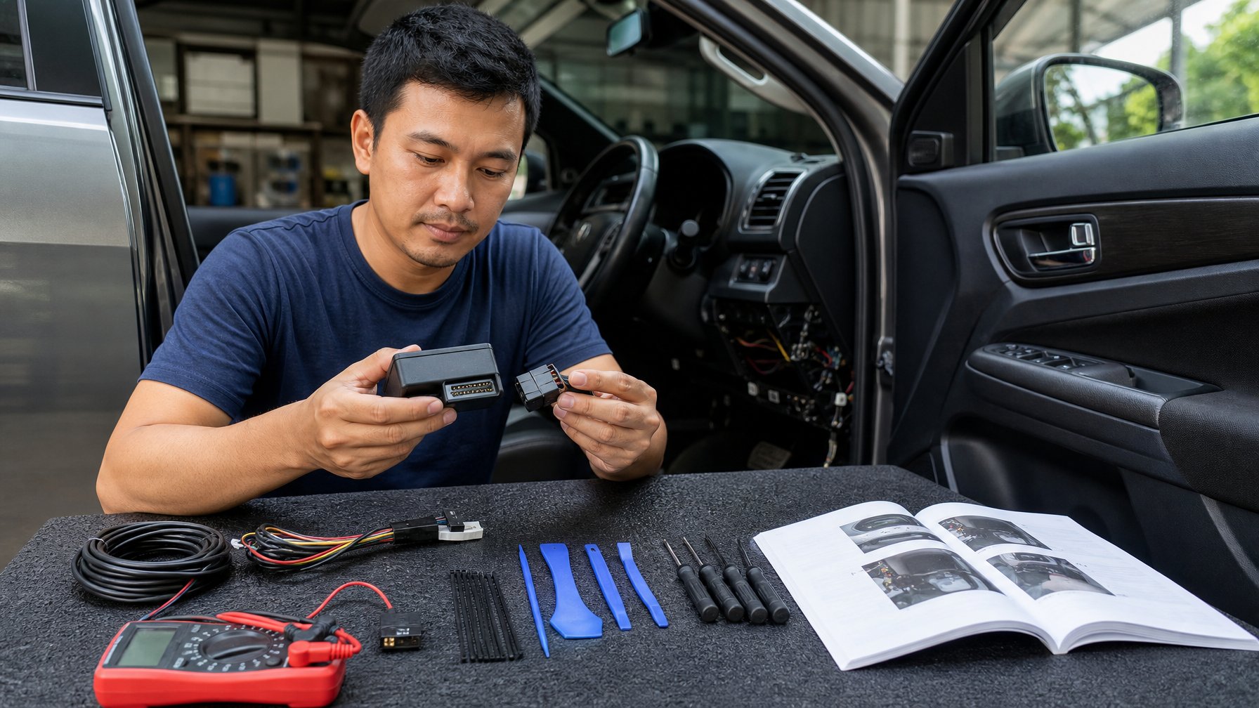 Seorang pria menyiapkan perangkat GPS dan perlengkapan pemasangan di samping mobil dengan pintu pengemudi terbuka.