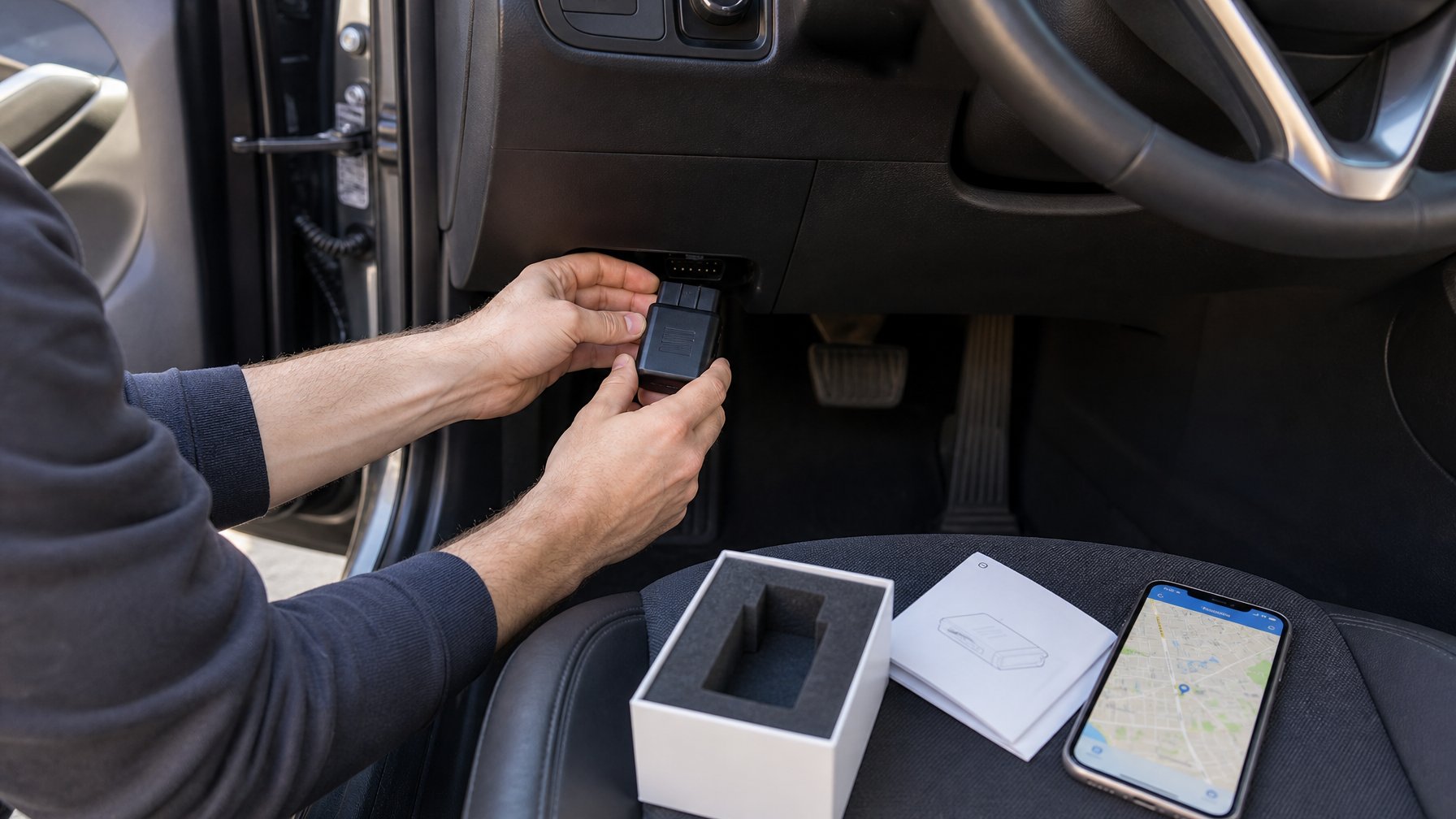 Tangan memasang perangkat pelacak GPS kecil ke port OBD di bawah dasbor mobil.
