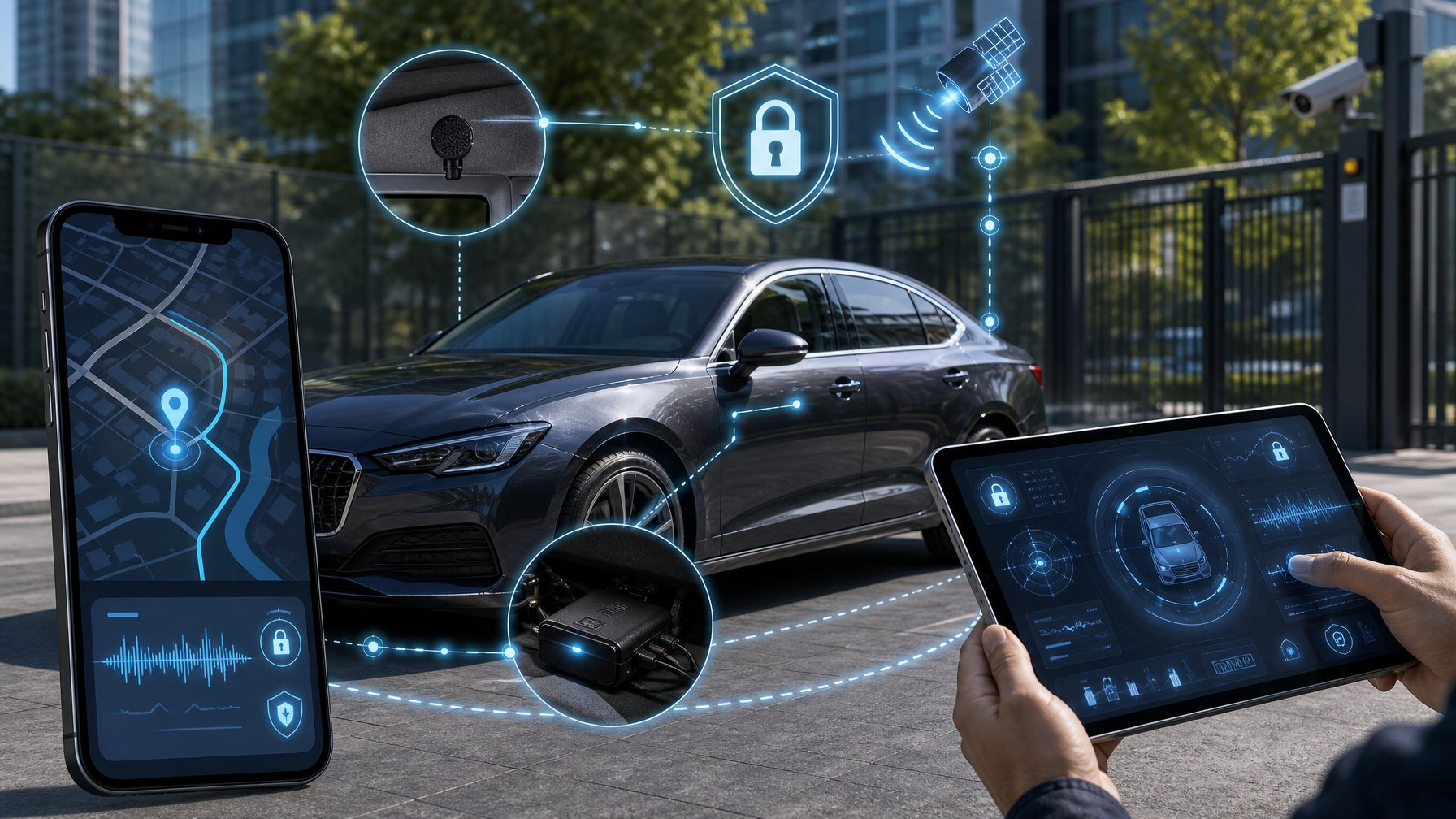 Mobil dengan perangkat GPS anti-maling terhubung ke ponsel dan tablet untuk pelacakan lokasi serta pemantauan audio.