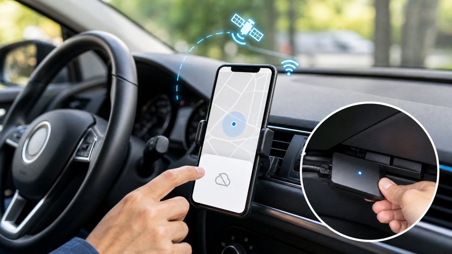 Seseorang memeriksa aplikasi GPS di ponsel yang terpasang pada dasbor mobil.