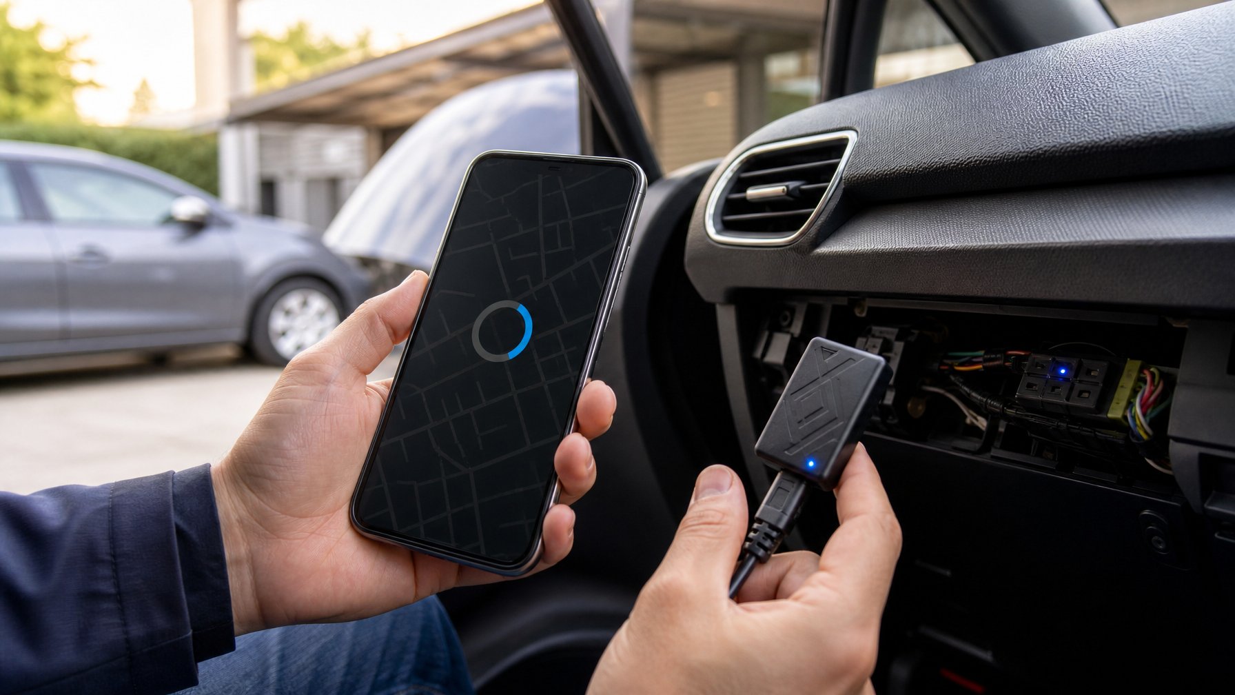 Seseorang memeriksa perangkat GPS mobil dan koneksinya menggunakan ponsel di dekat kendaraan.