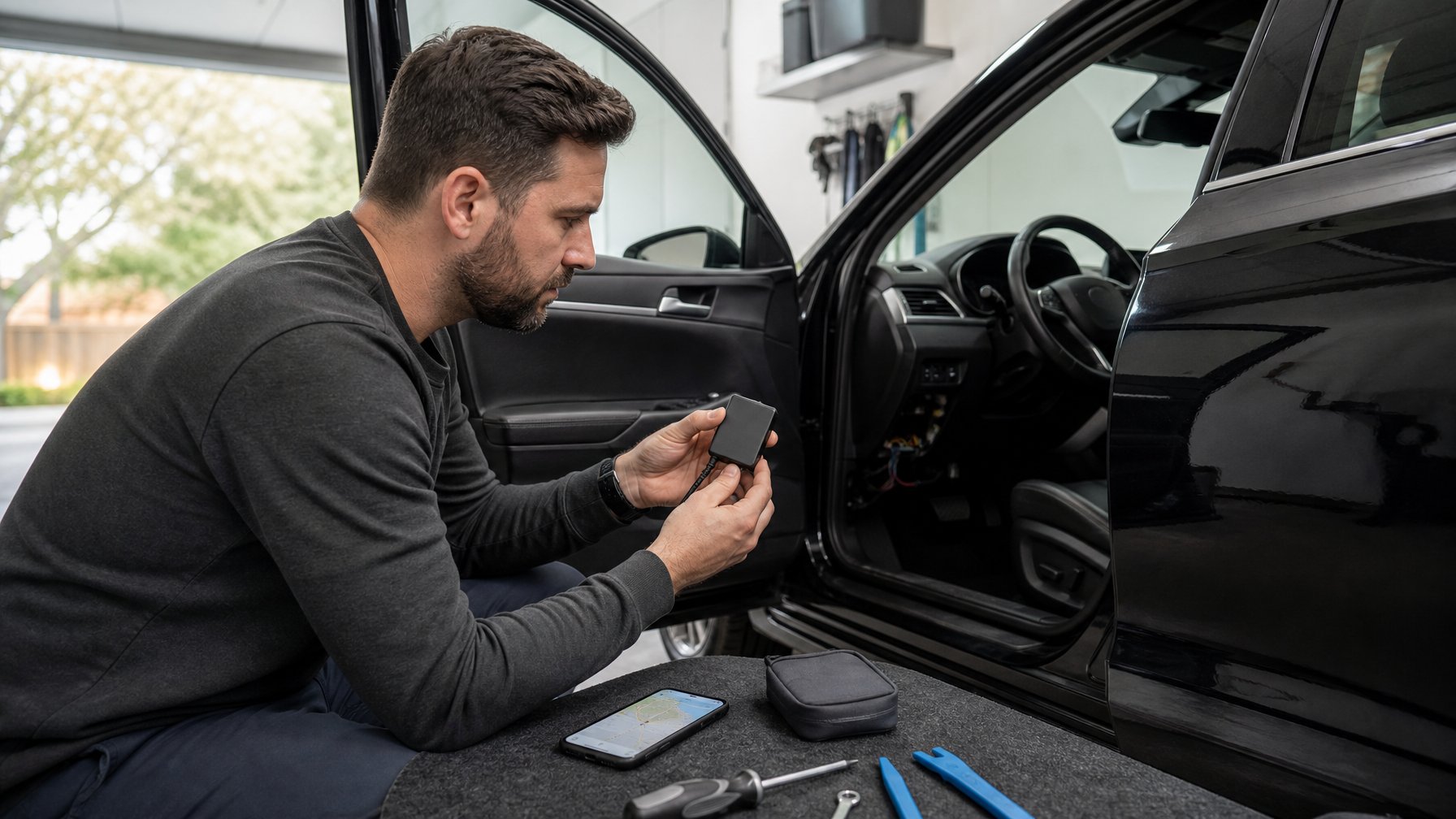 Pemilik mobil memeriksa perangkat pelacak GPS kecil di dalam kendaraan yang terparkir di garasi.