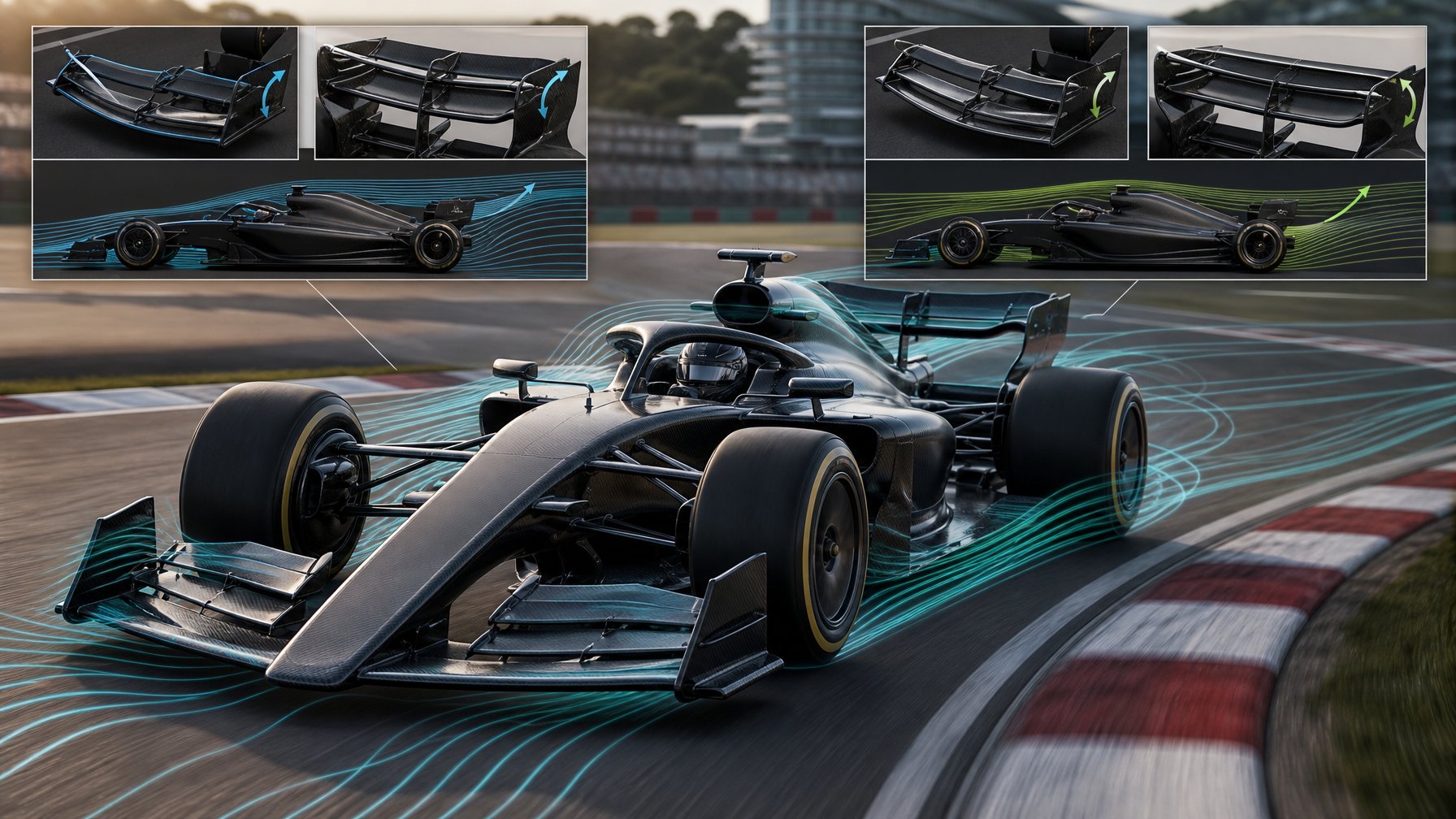Mobil balap Formula 1 futuristis melaju di tikungan dengan sayap depan dan belakang yang dapat disesuaikan serta aliran udara yang terlihat di sekelilingnya.