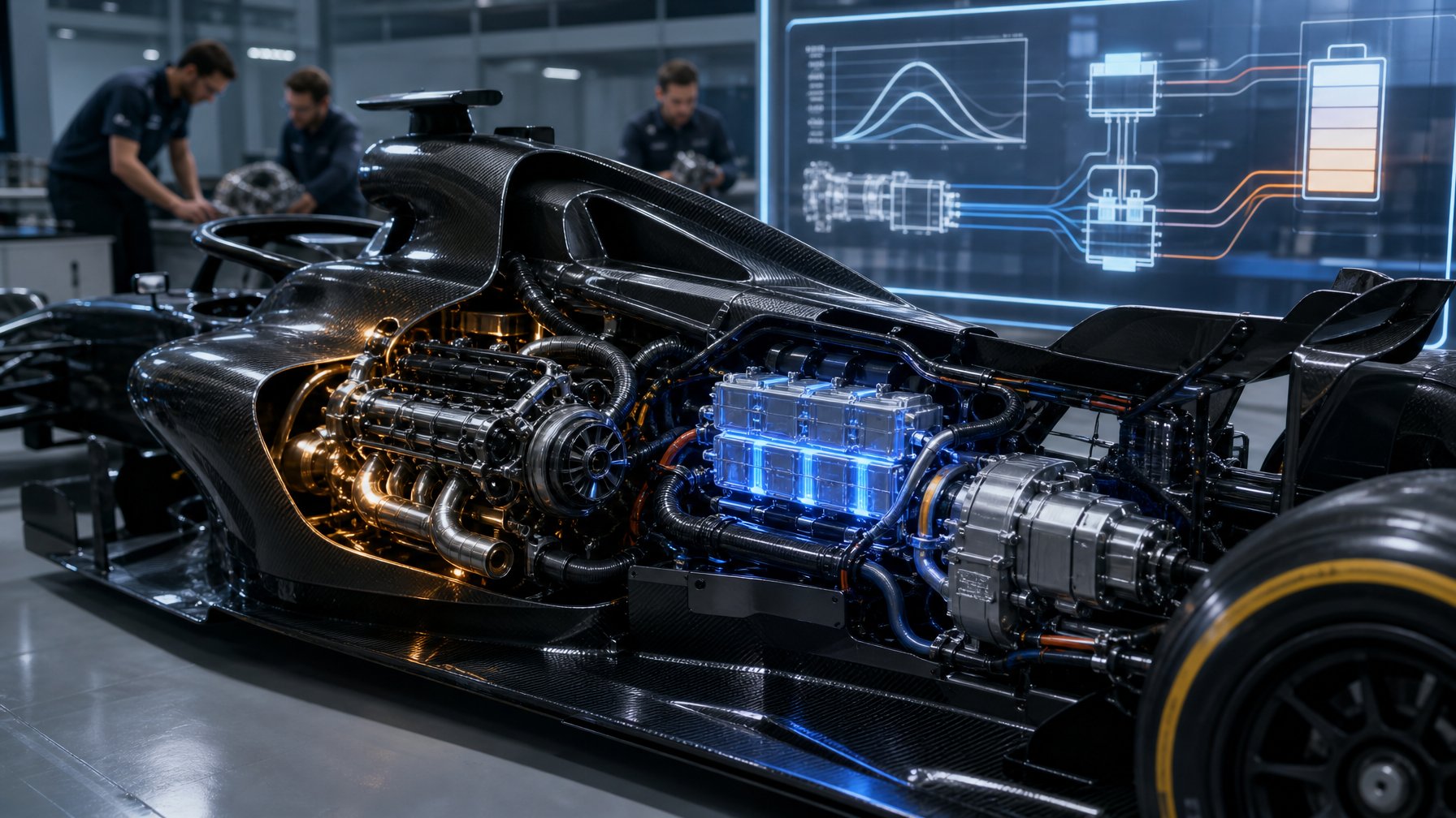 Mobil Formula 1 futuristis dengan mesin pembakaran dan komponen listrik yang terlihat di dalam fasilitas teknik.