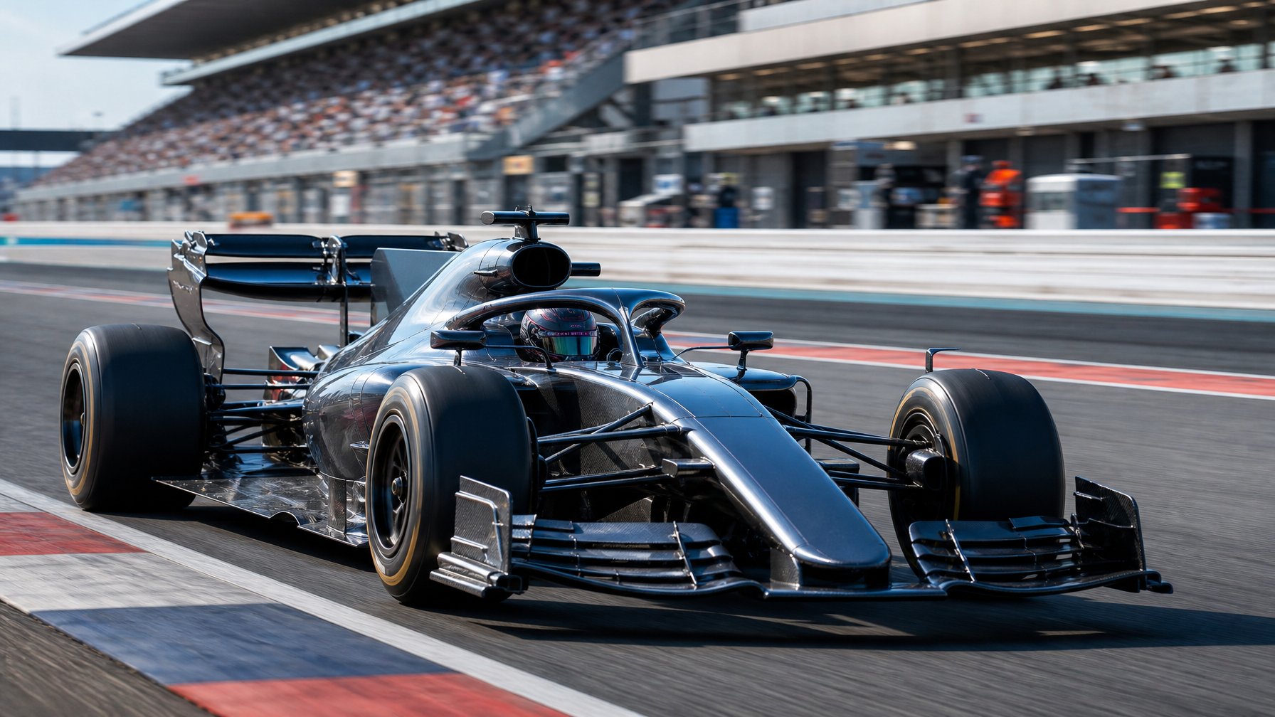 Mobil Formula 1 futuristis melaju di sirkuit dengan sayap aerodinamika aktif.