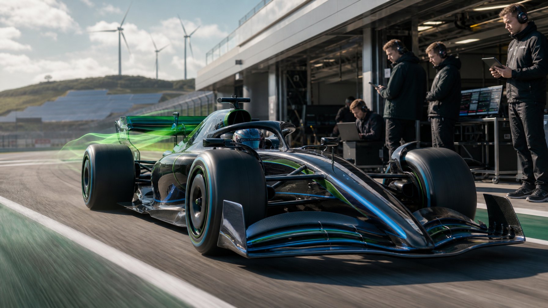 Mobil Formula 1 futuristik melaju cepat di lintasan dengan teknisi mengamati data performa di area pit.
