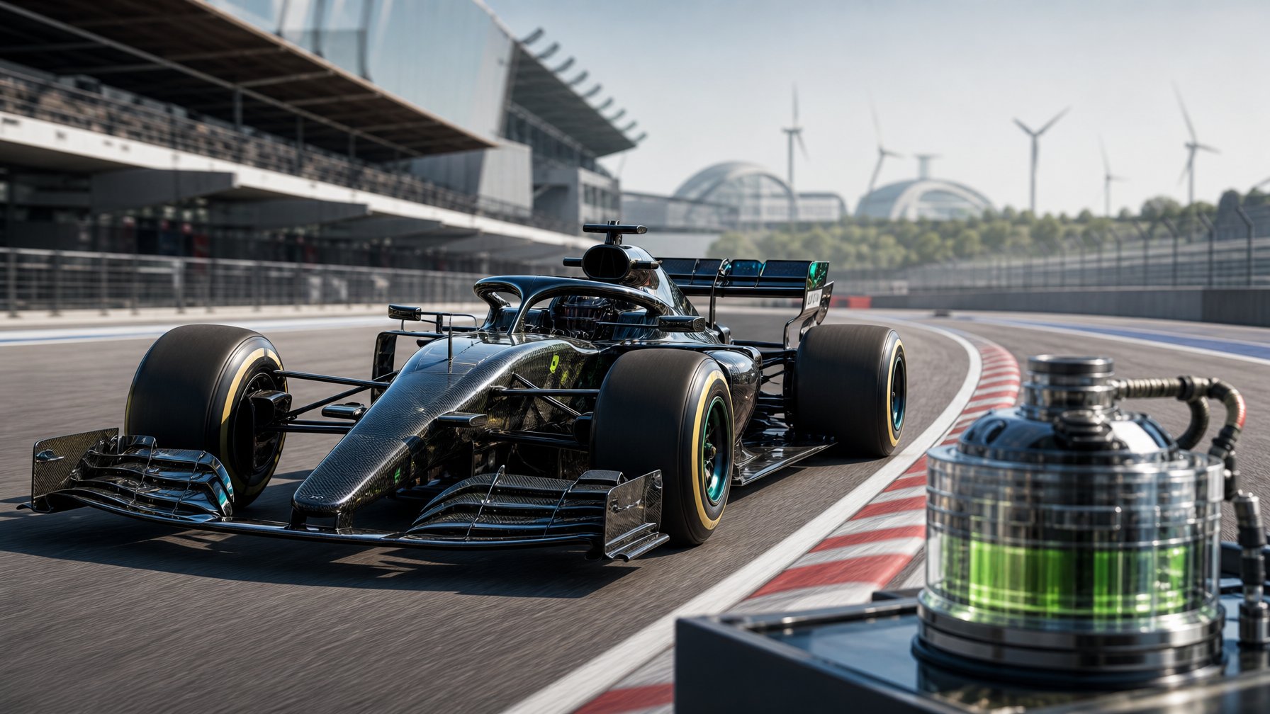 Mobil Formula 1 modern melaju di lintasan balap dengan elemen teknologi bahan bakar berkelanjutan.
