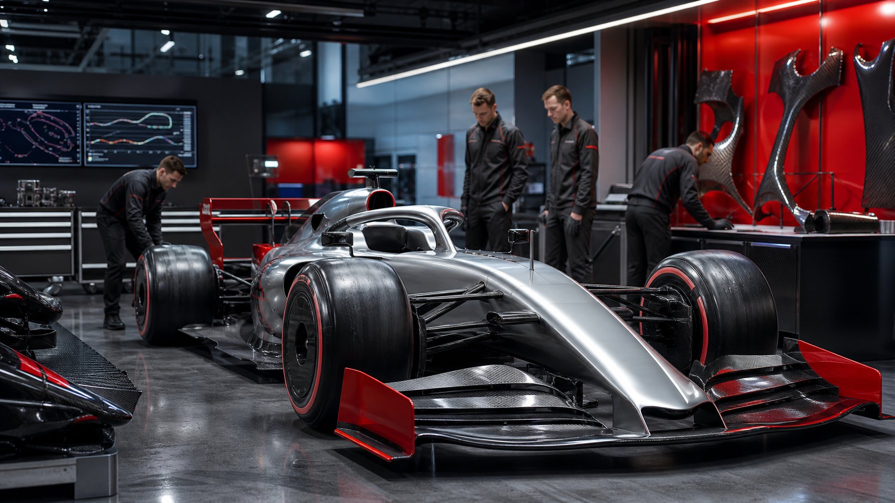 Mobil Formula 1 berwarna perak berada di garasi modern dengan para teknisi yang sedang memeriksanya.